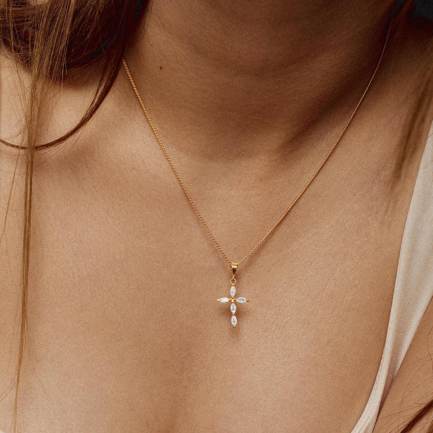 modmints 14 Karat Gold Plated Cross Necklaces for Women, Minimalist Faith Jewelry with Diamond Accent, Tarnish-Resistant for Daily Wear & Baptism Gift, Pendant Chain, Religious Necklace, Crucifix Necklace