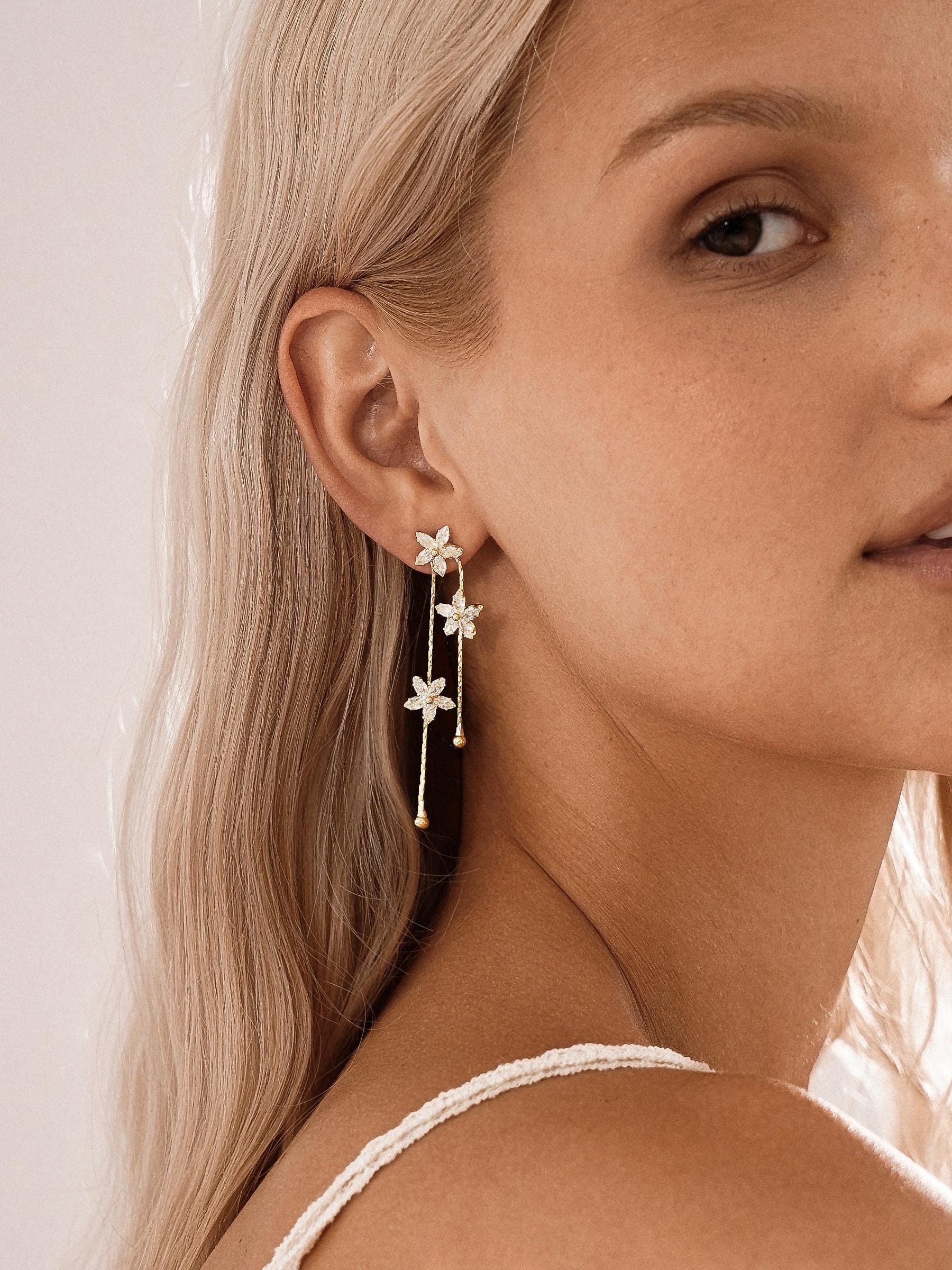 Women's Handcrafted Flower Drop Dangle Earrings - Minimalist Gold Crystal Accents Ear Accessories, Unique Design Fashion Bridal Earrings for Bridesmaid, Daily Gift Keepsake