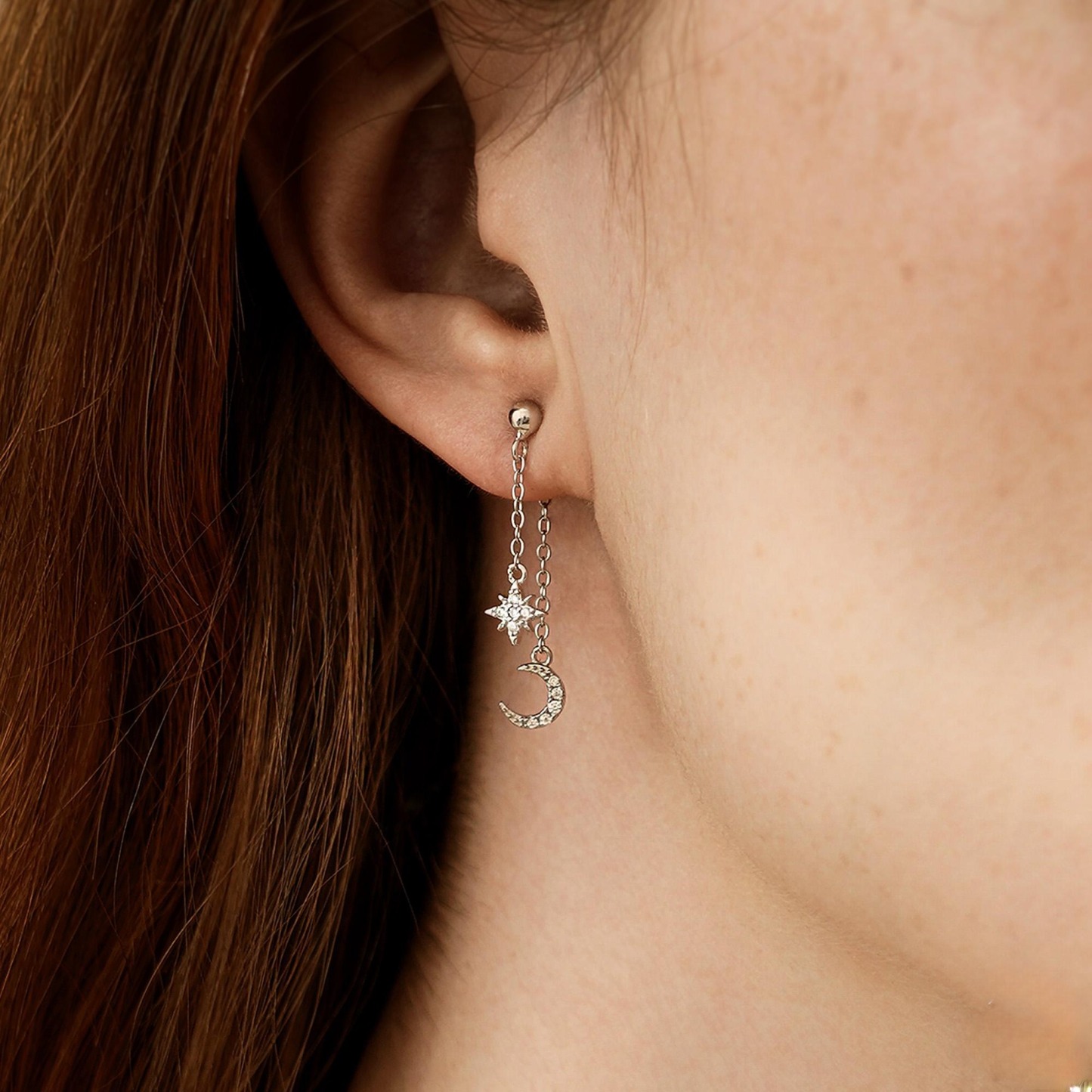 Moon and Star Dangling Earrings Dainty Celestial Sterling Silver Cubic Zirconia Drop Earrings Anniversary Gift for Her