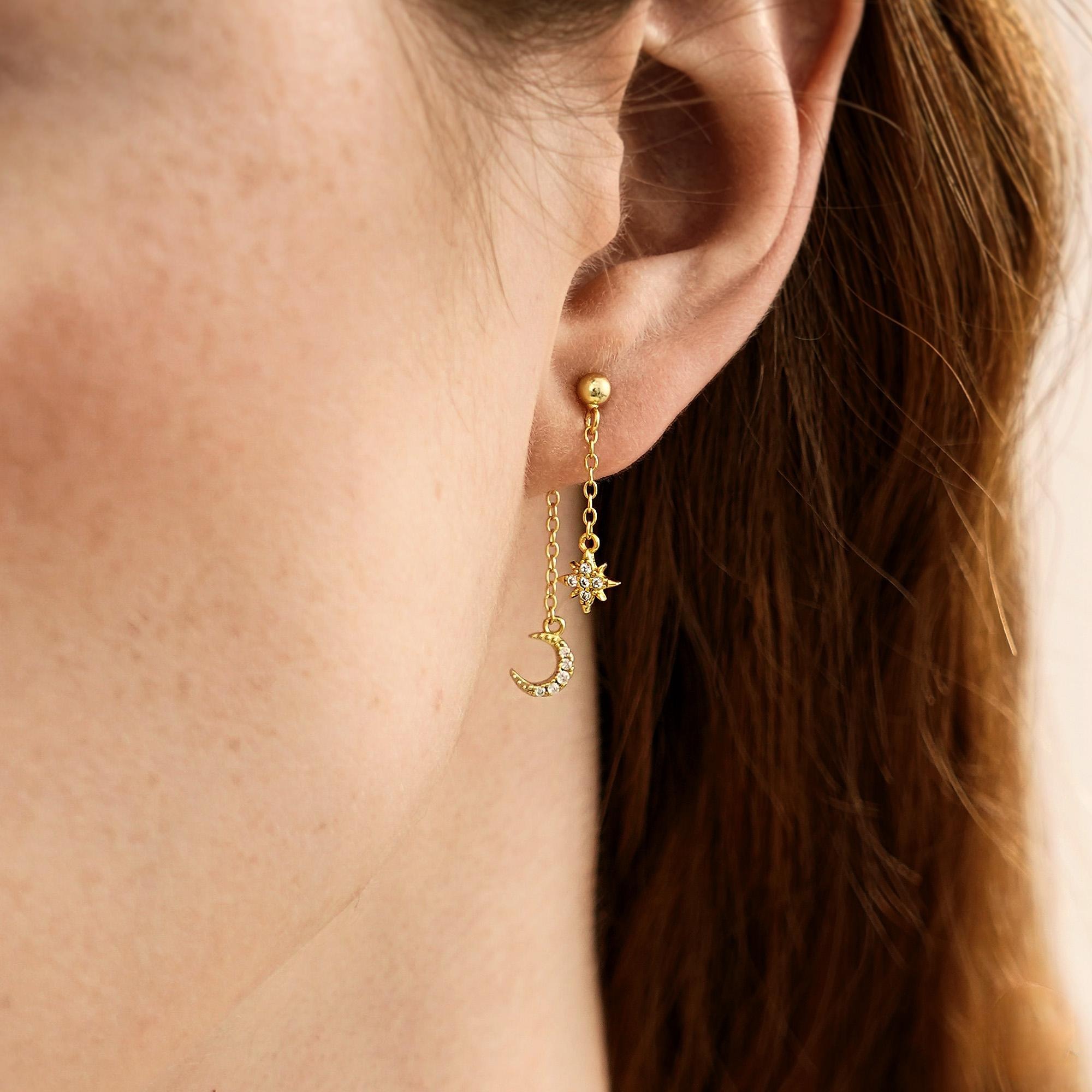 Moon and Star Dangling Earrings Dainty Celestial Sterling Silver Cubic Zirconia Drop Earrings Anniversary Gift for Her