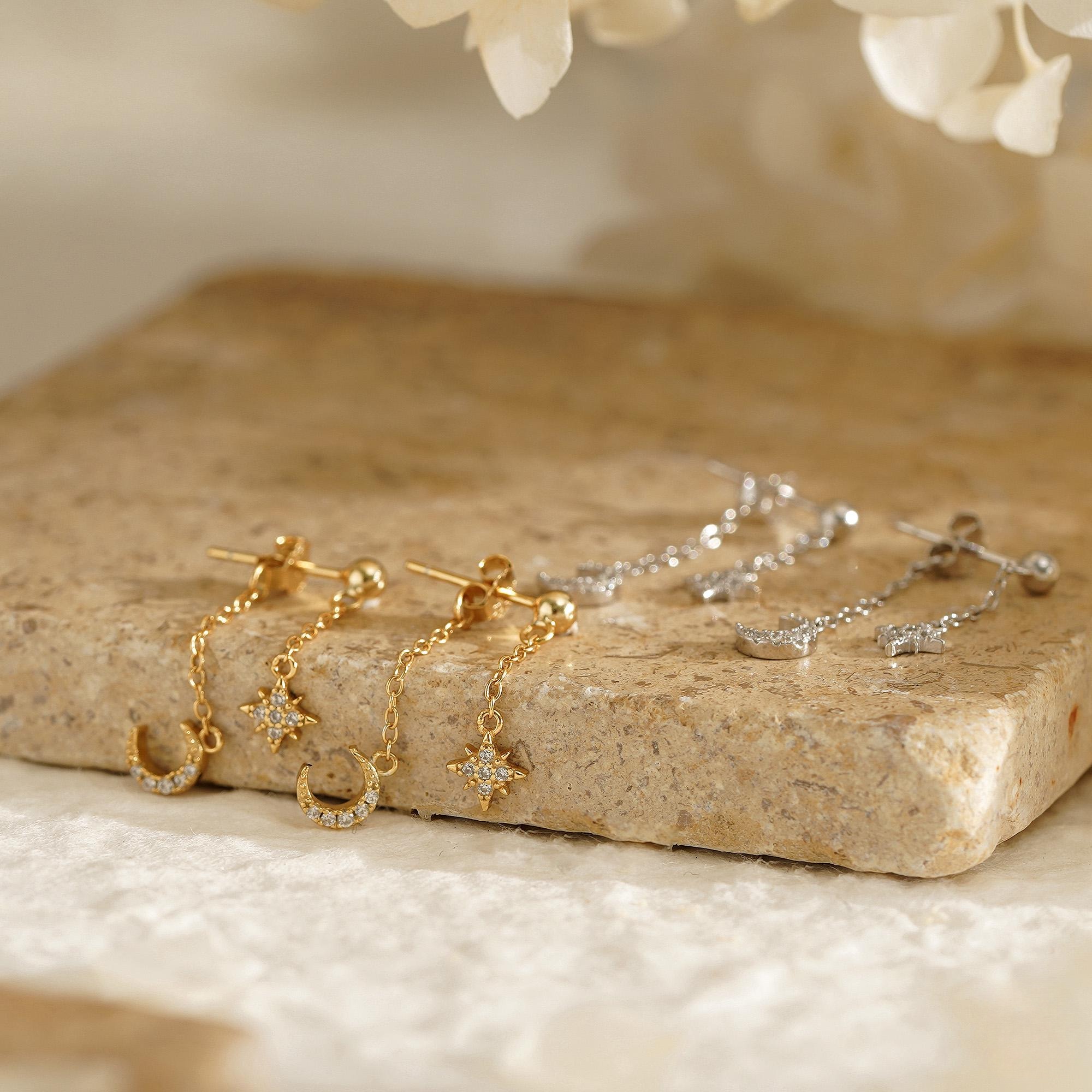 Moon and Star Dangling Earrings Dainty Celestial Sterling Silver Cubic Zirconia Drop Earrings Anniversary Gift for Her