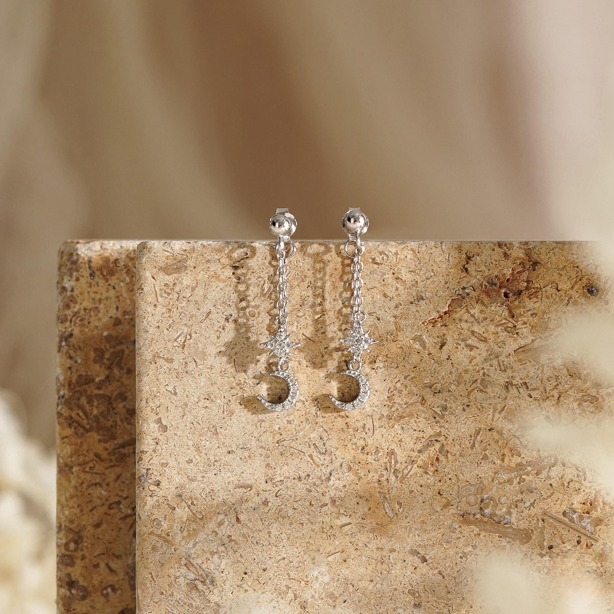 Moon and Star Dangling Earrings Dainty Celestial Sterling Silver Cubic Zirconia Drop Earrings Anniversary Gift for Her