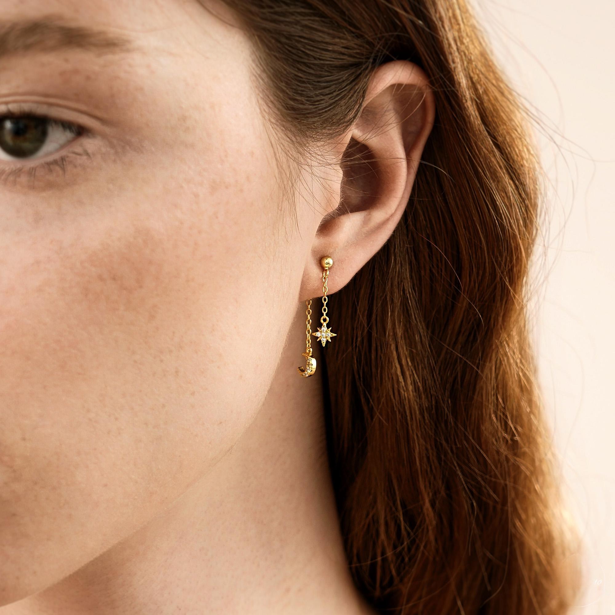 Moon and Star Dangling Earrings Dainty Celestial Sterling Silver Cubic Zirconia Drop Earrings Anniversary Gift for Her