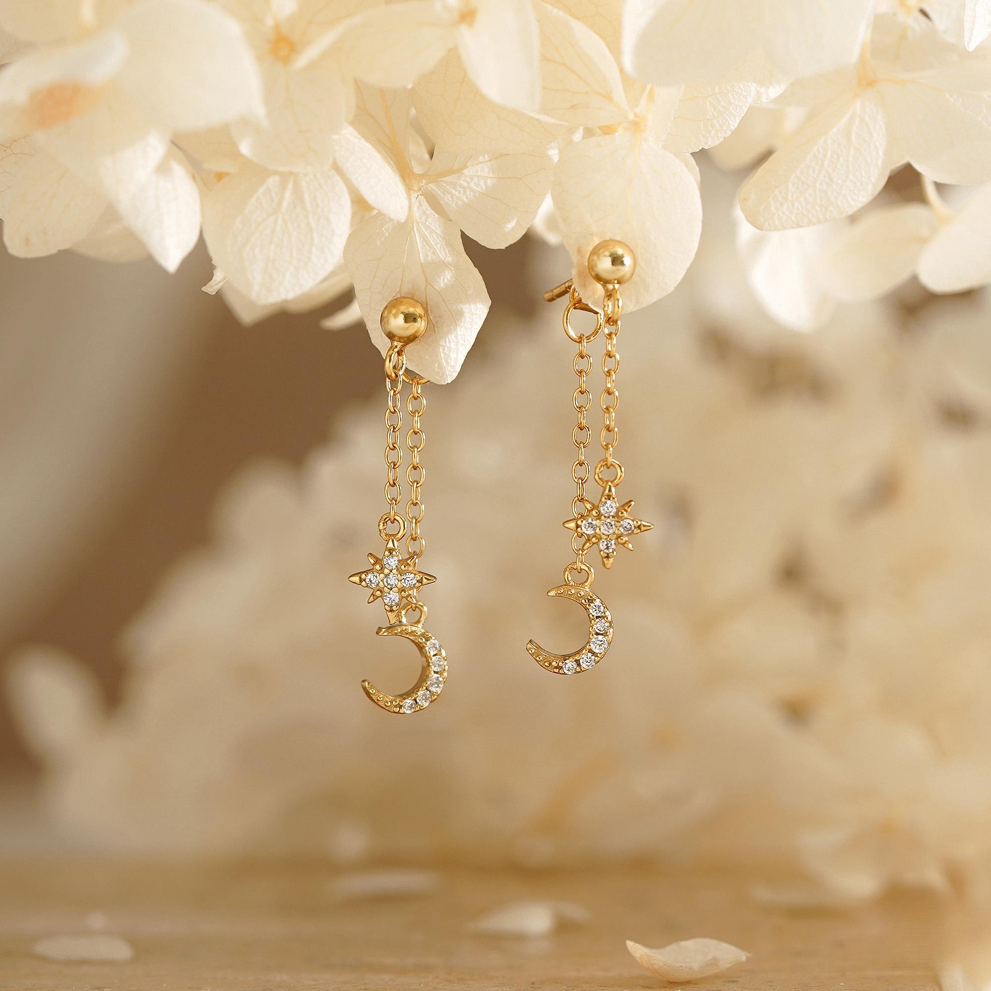 Moon and Star Dangling Earrings Dainty Celestial Sterling Silver Cubic Zirconia Drop Earrings Anniversary Gift for Her