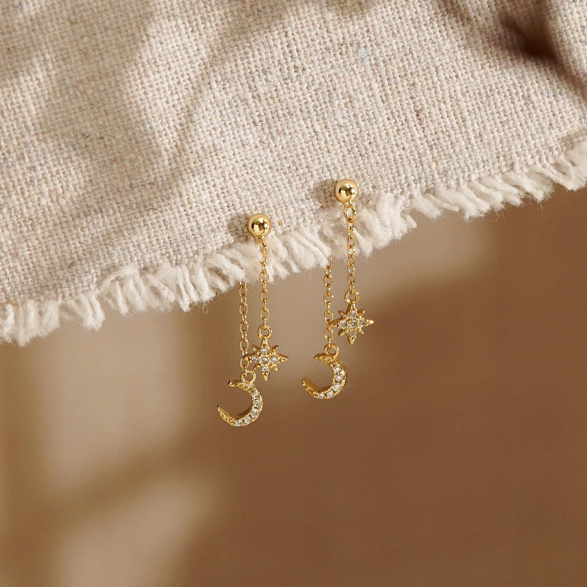 Moon and Star Dangling Earrings Dainty Celestial Sterling Silver Cubic Zirconia Drop Earrings Anniversary Gift for Her