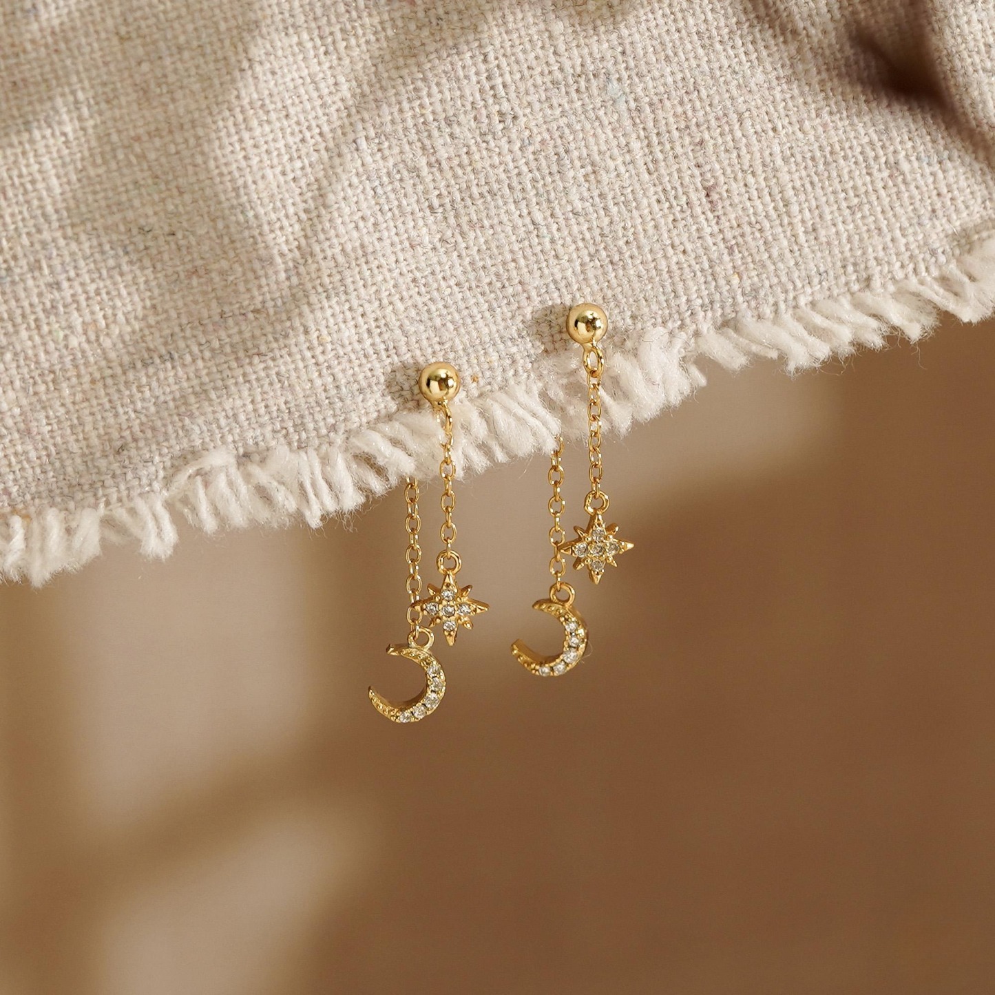 Moon and Star Dangling Earrings Dainty Celestial Sterling Silver Cubic Zirconia Drop Earrings Anniversary Gift for Her