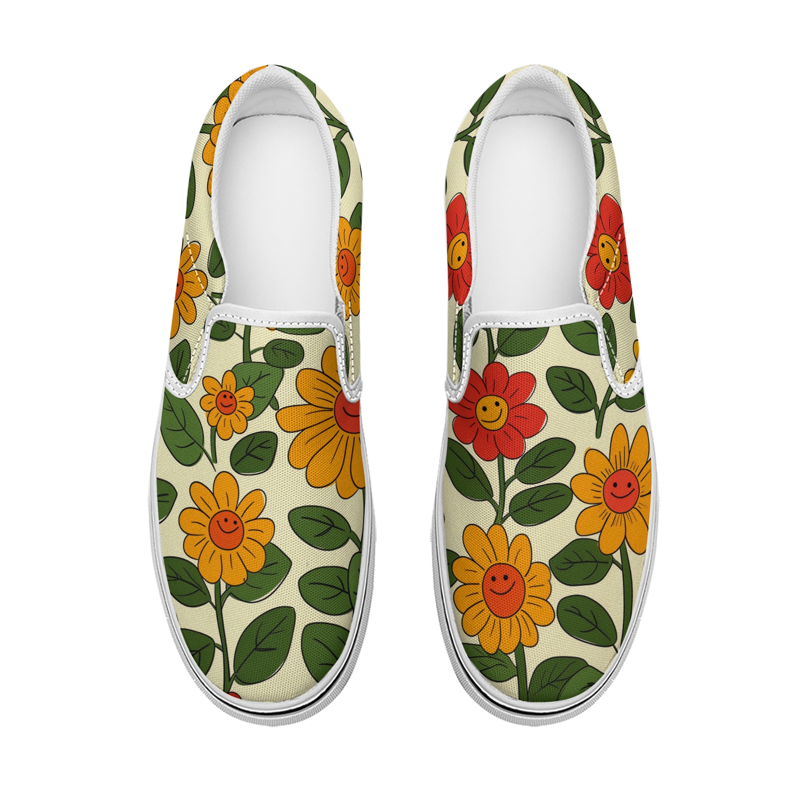 Women's fashion red and yellow daisy painted printed canvas sneakers low-top casual walking shoes classic comfortable flat fashion sneakers