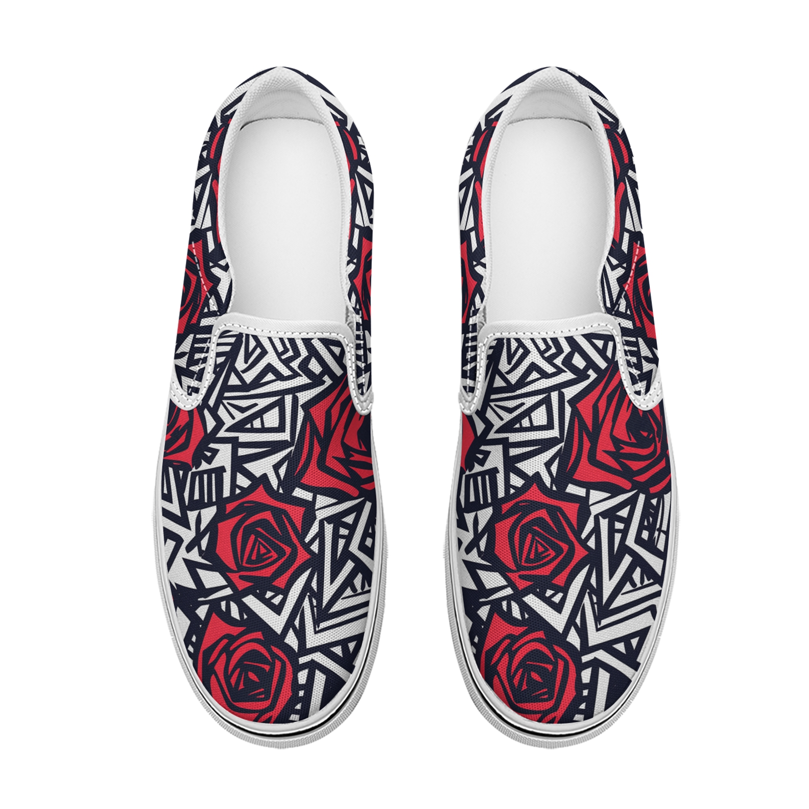 Women's fashion red and white rose print pattern flat canvas slippers casual shoes light and comfortable travel shoes