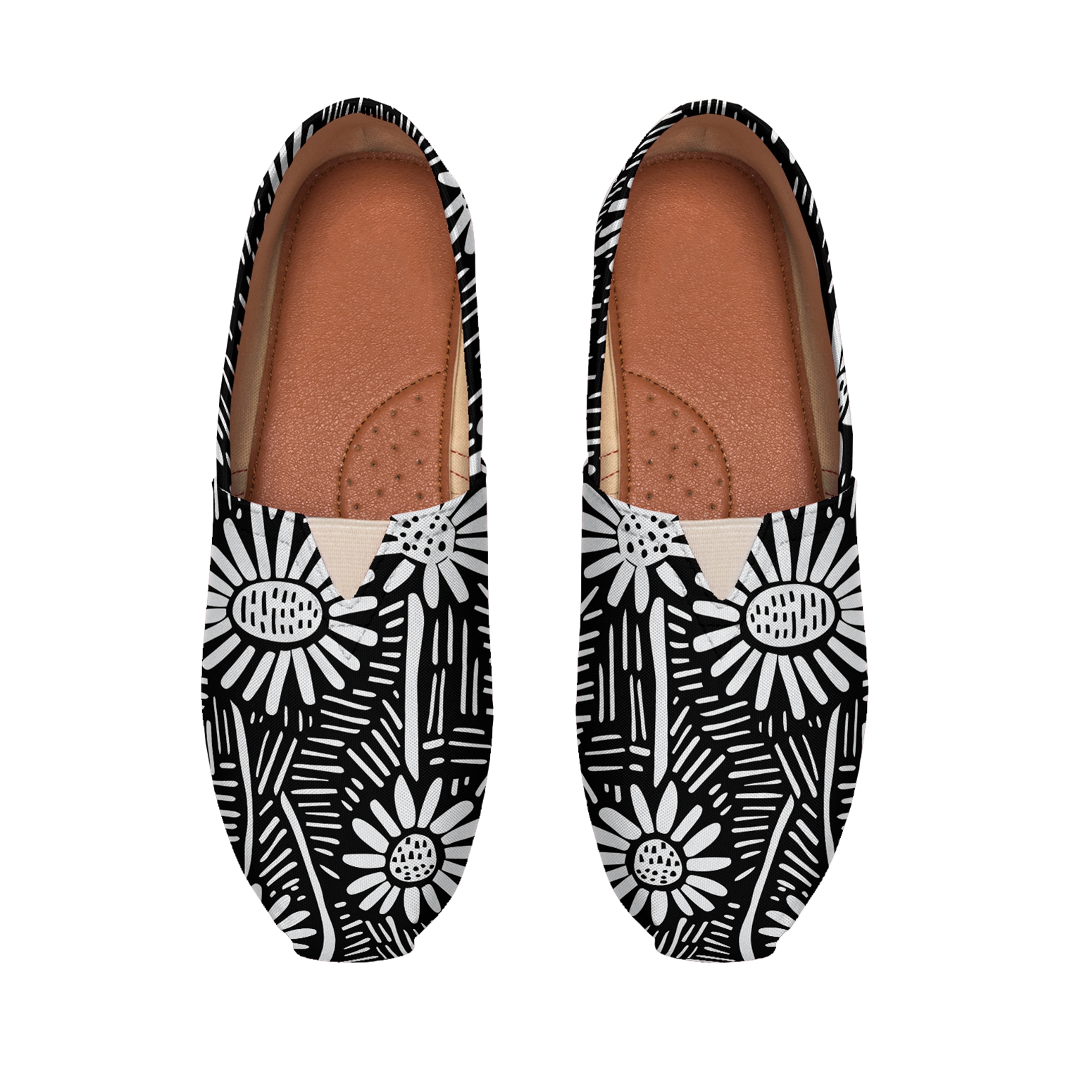 Women's fashion black and white daisy painted print flat canvas slippers casual shoes light and comfortable travel shoes