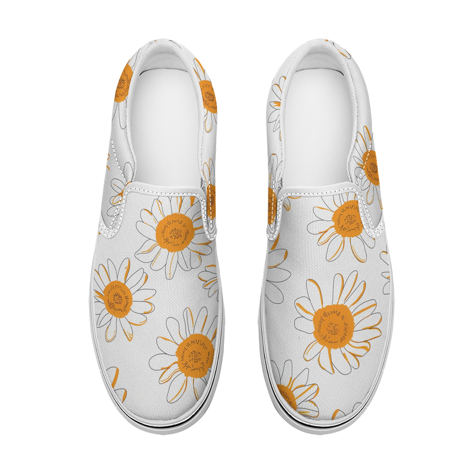 Women's fashion white and yellow daisy painted printed canvas sneakers low-top casual walking shoes classic comfortable flat fashion sneakers