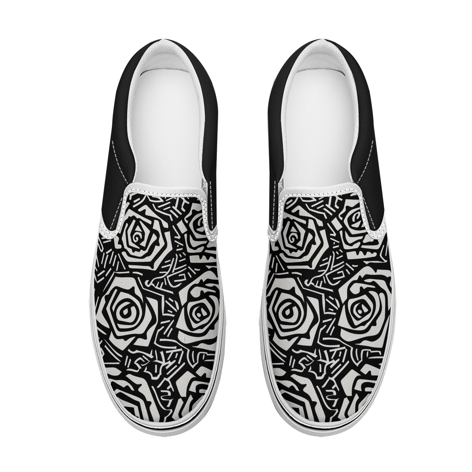 Women's fashion black and white rose print pattern flat canvas slippers casual shoes light and comfortable travel shoes