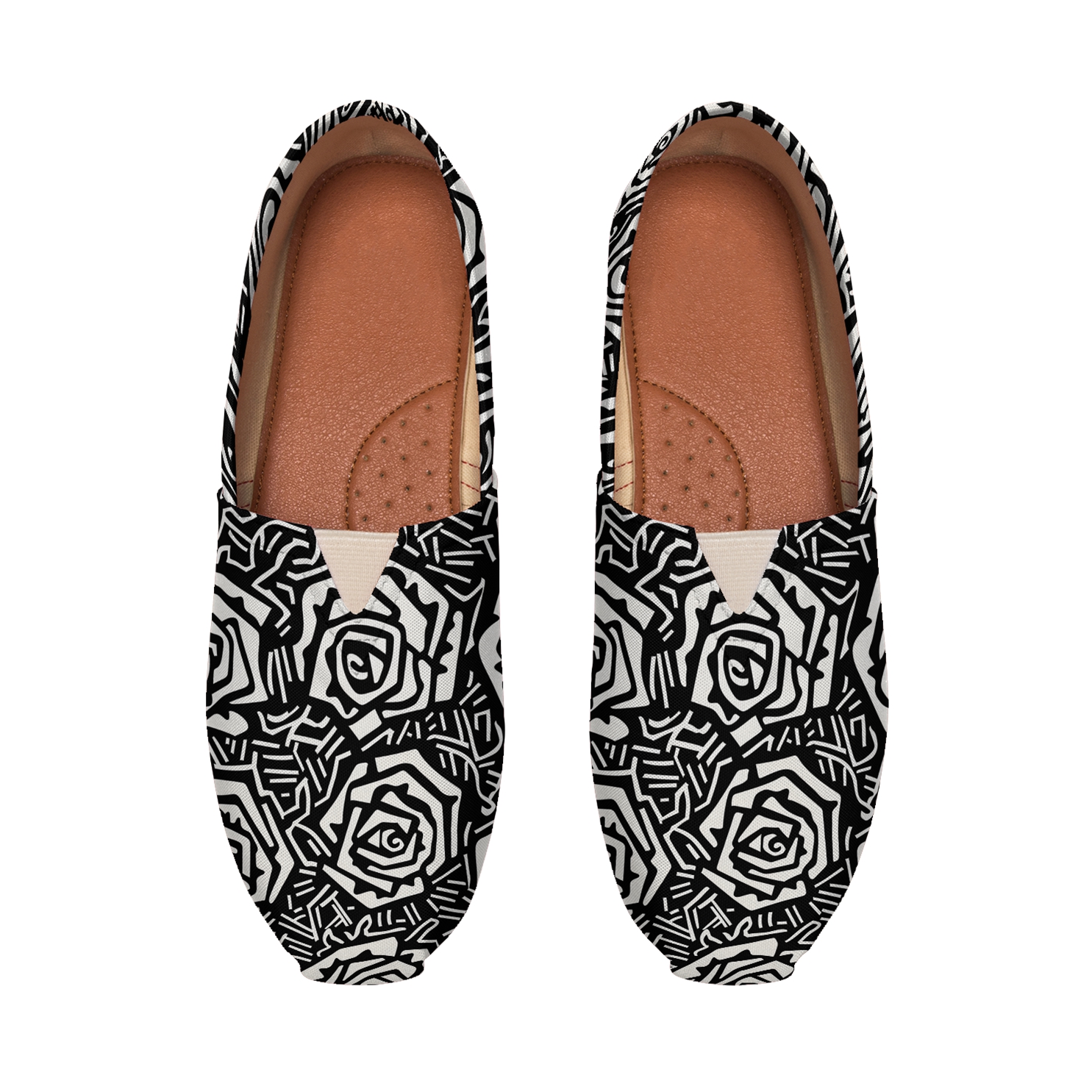 Women's fashion black and white rose painted printed flat canvas slippers casual shoes lightweight and comfortable travel shoes