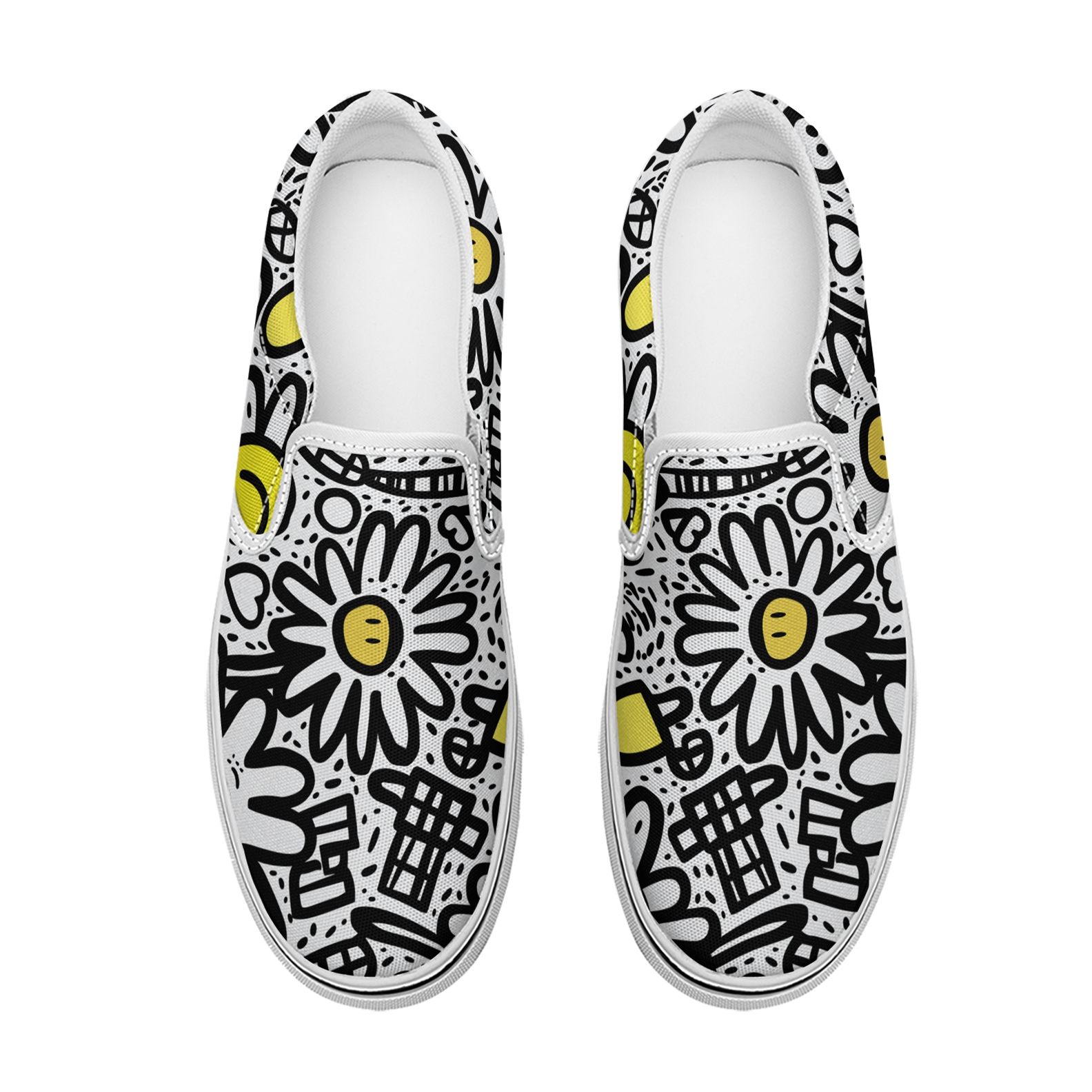 Women's fashion black and white daisy-printed canvas shoes Slippers Low top casual walking shoes Classic comfortable flat fashion sneakers