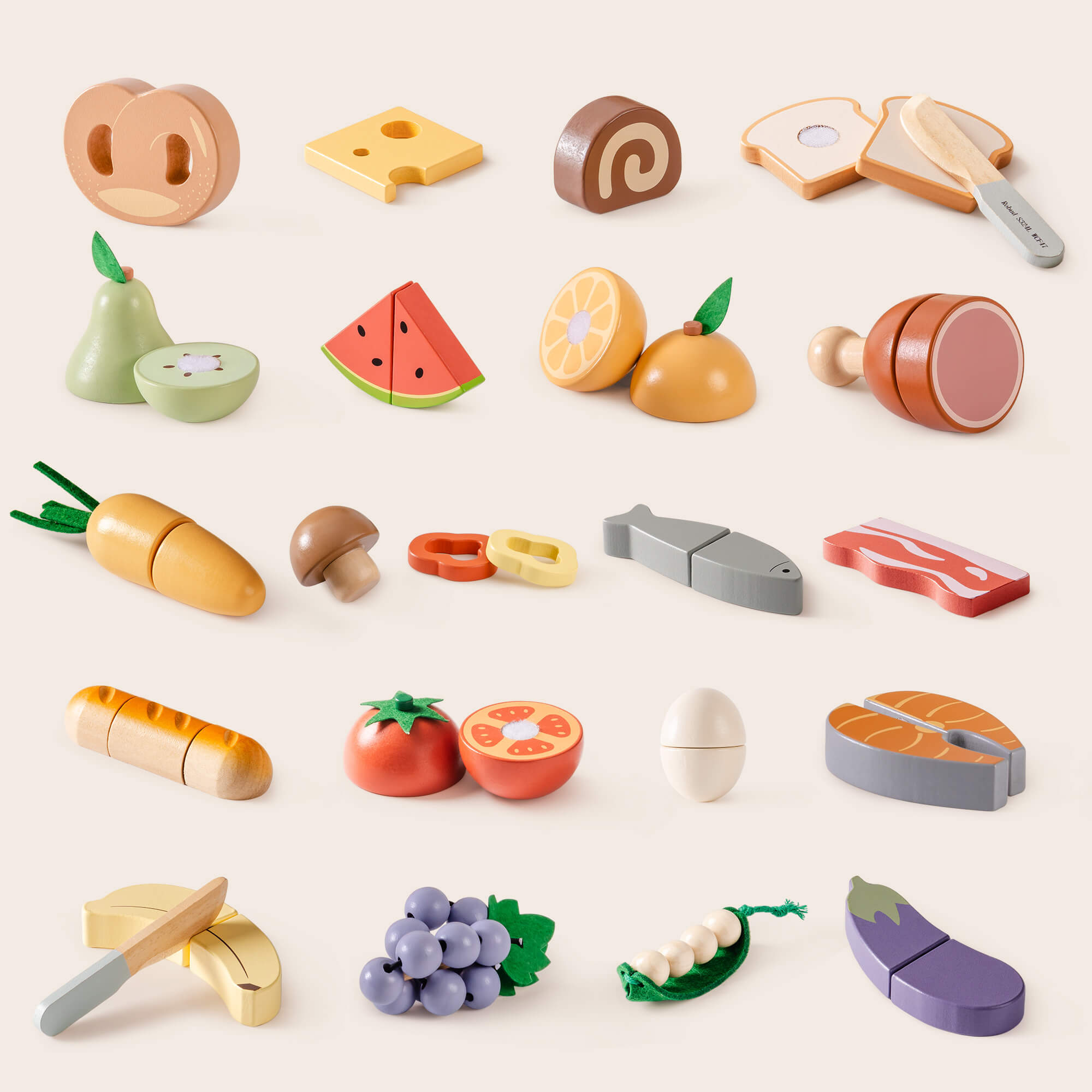 ROBUD Wooden Cutting Food Playset 4-in-1