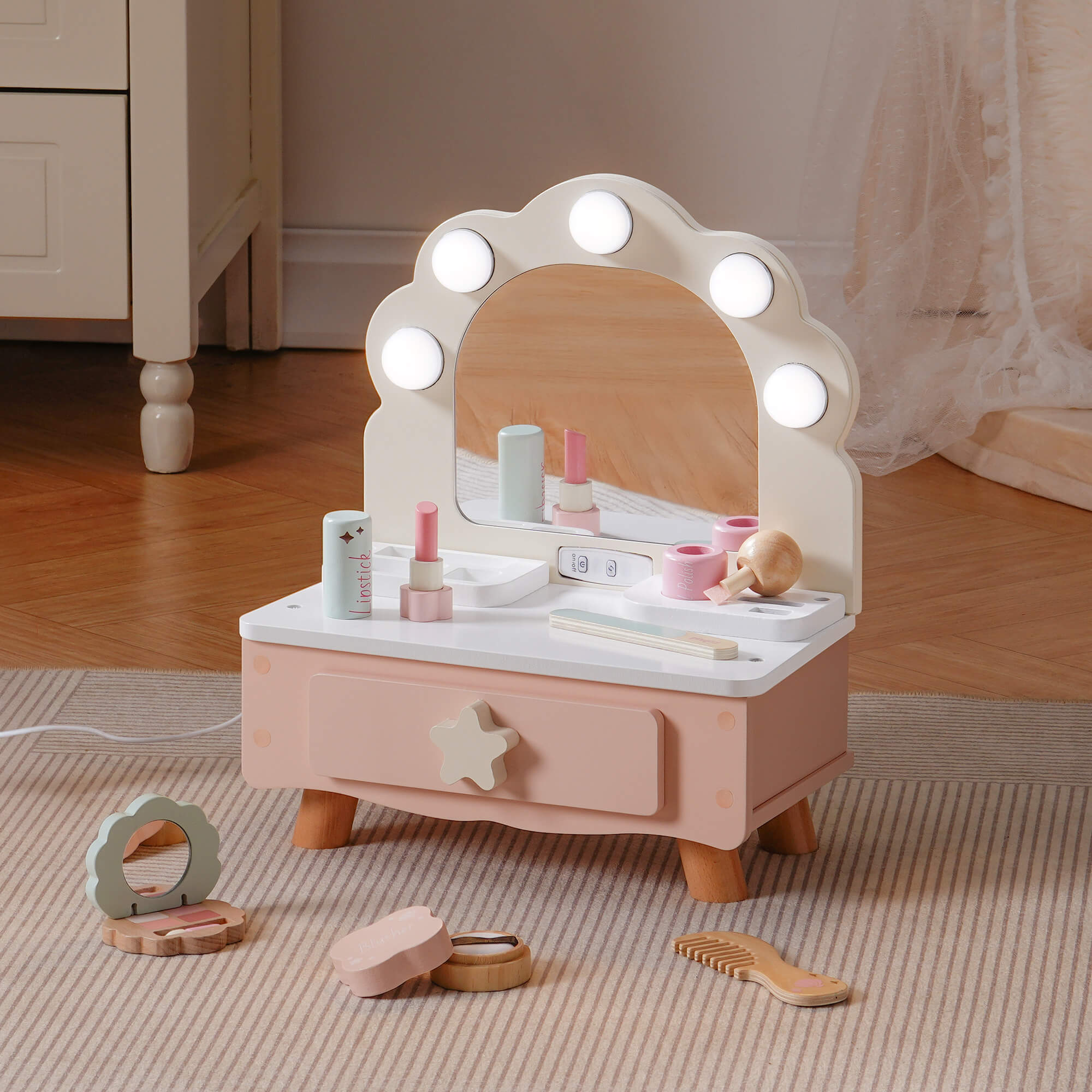 Coiffeuse En Bois Pour Fille Avec Miroir Rotatif 360° - 7 Accessoires De Maquillage - Table De Toilette Enfant Rose - 6