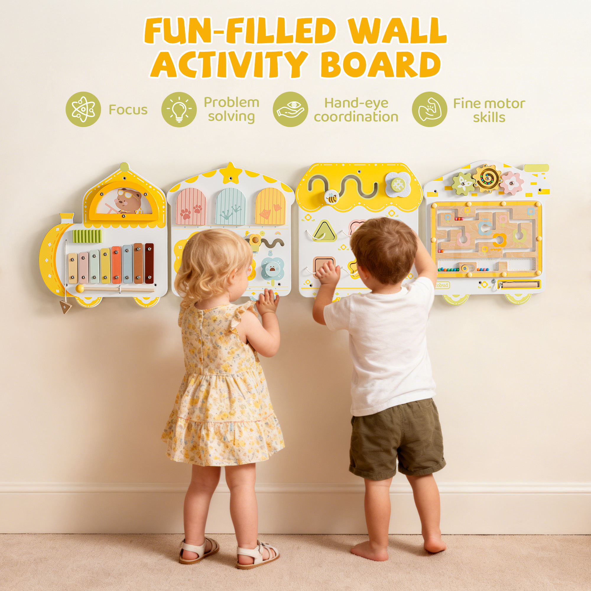 ROBUD Wooden Wall-Mounted Busy Board for Children | 8-In-1