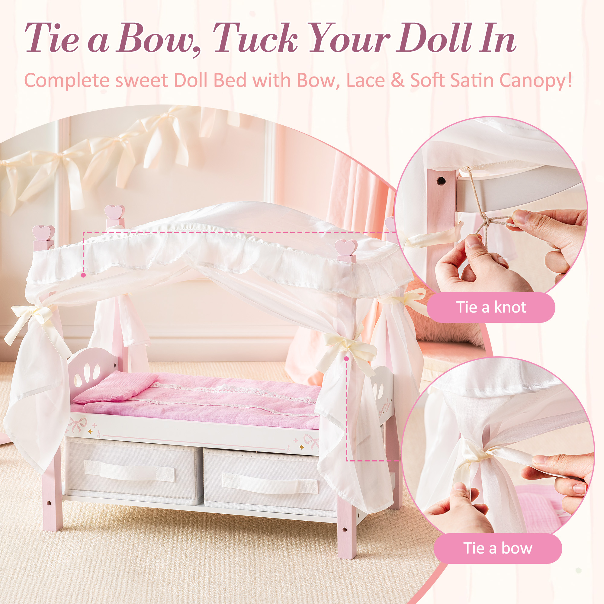 ROBUD Wooden Doll Canopy Bed for 18 Inch Dolls
