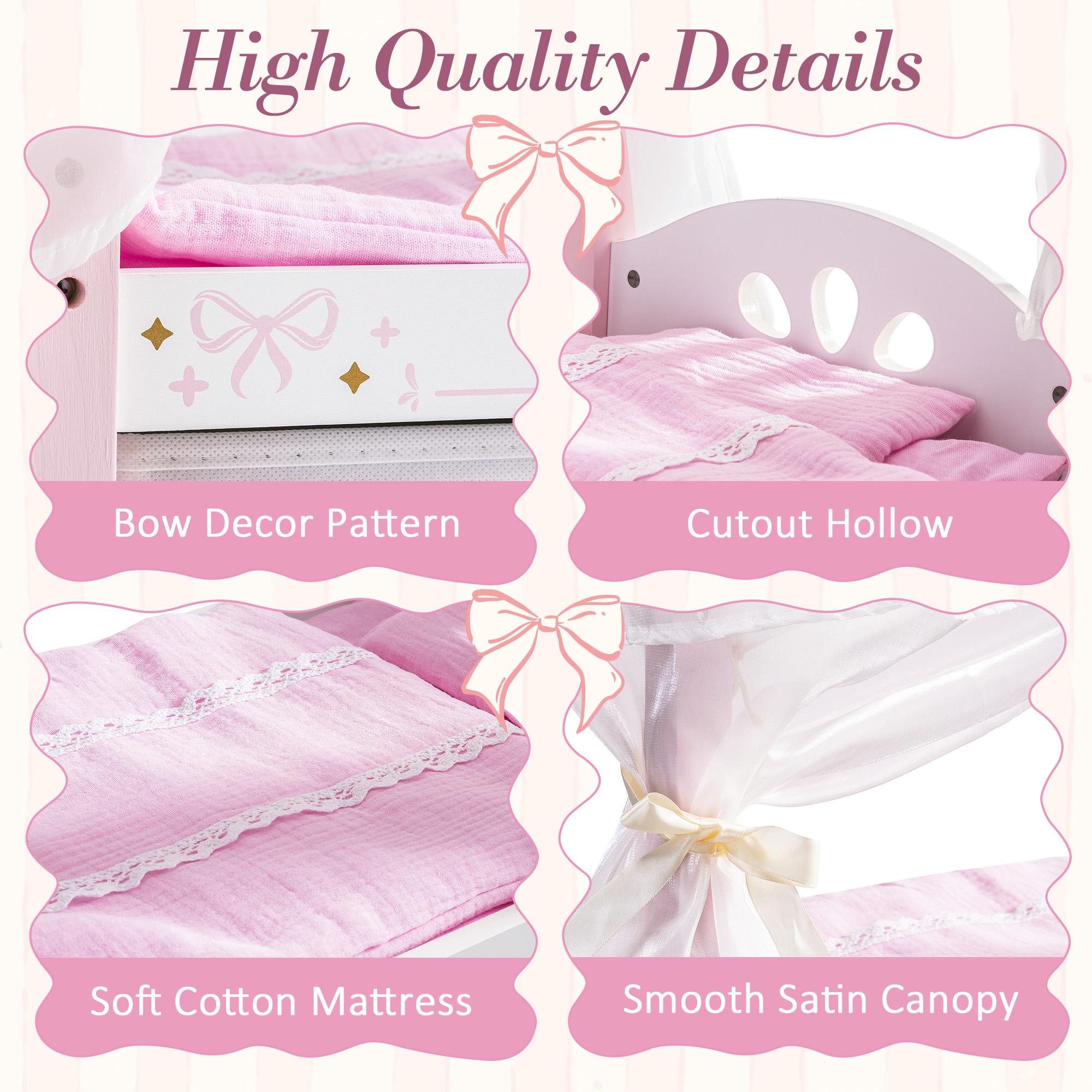 ROBUD Wooden Doll Canopy Bed for 18 Inch Dolls