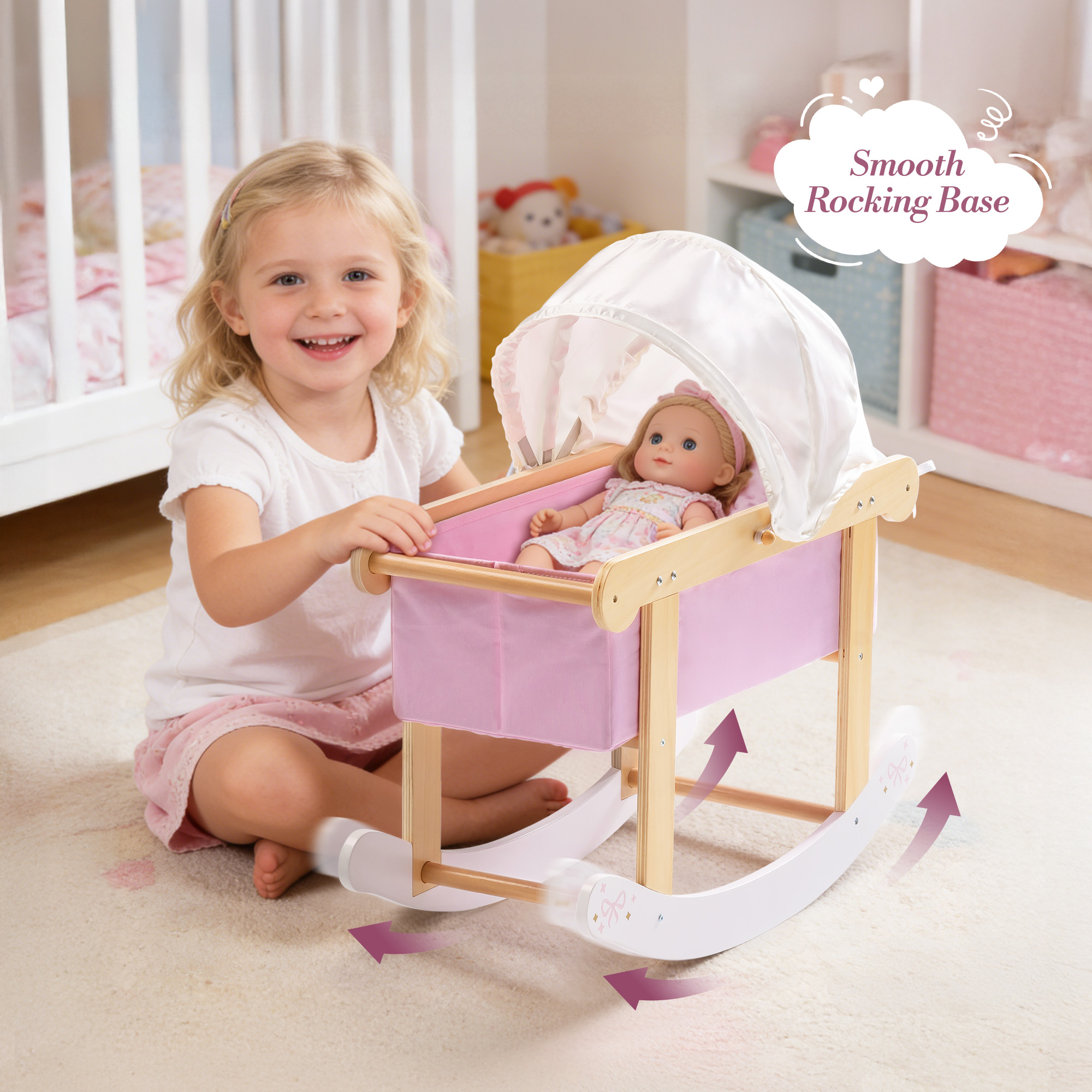 ROBUD Wooden Doll Rocking Cradle