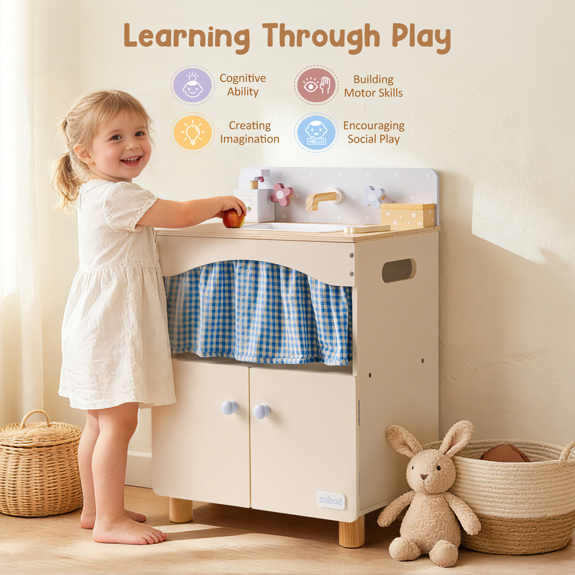 ROBUD Toy Kitchen Cabinet with Realistic Sink and Faucet