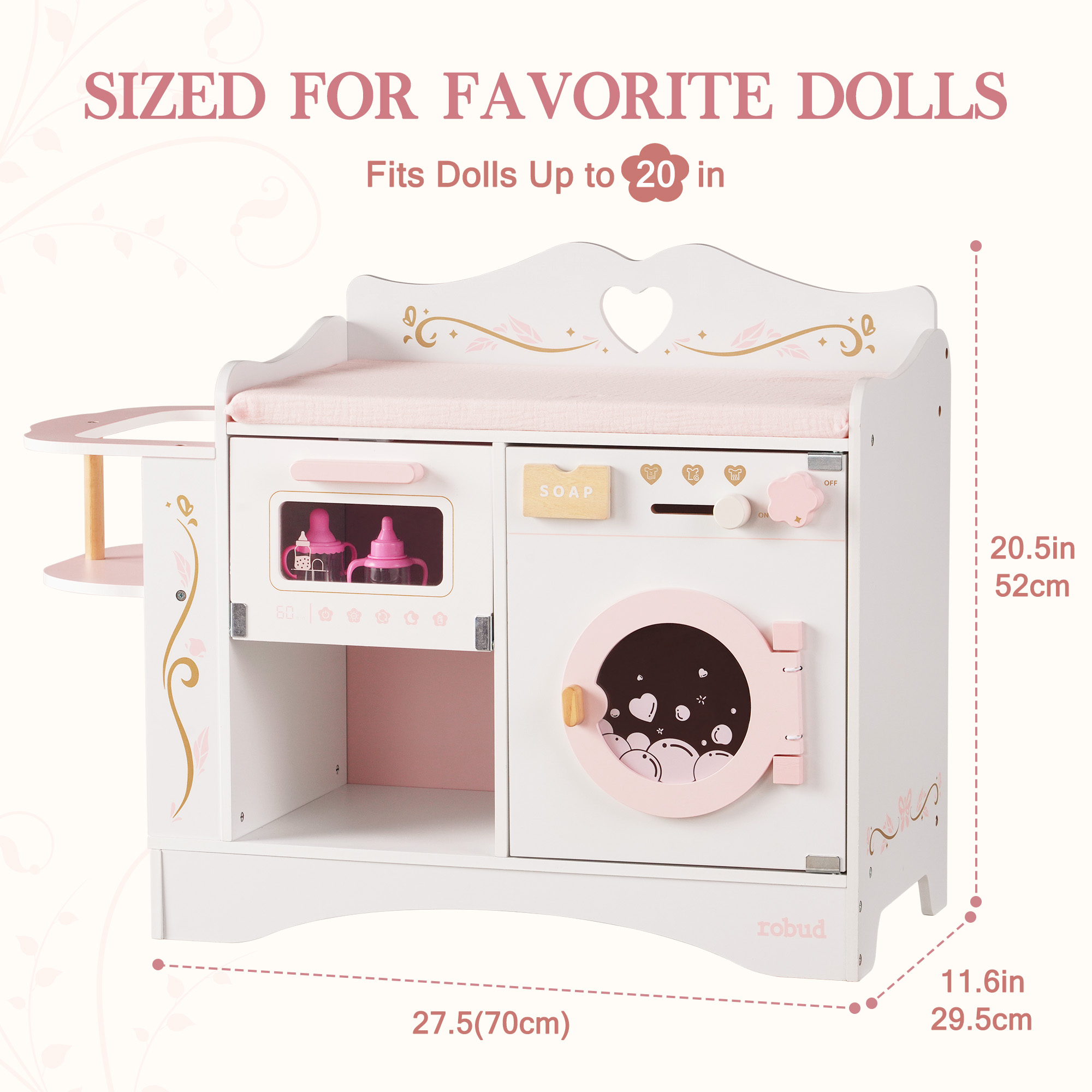 ROBUD 6-in-1 Baby Doll Changing Table - White & Pink