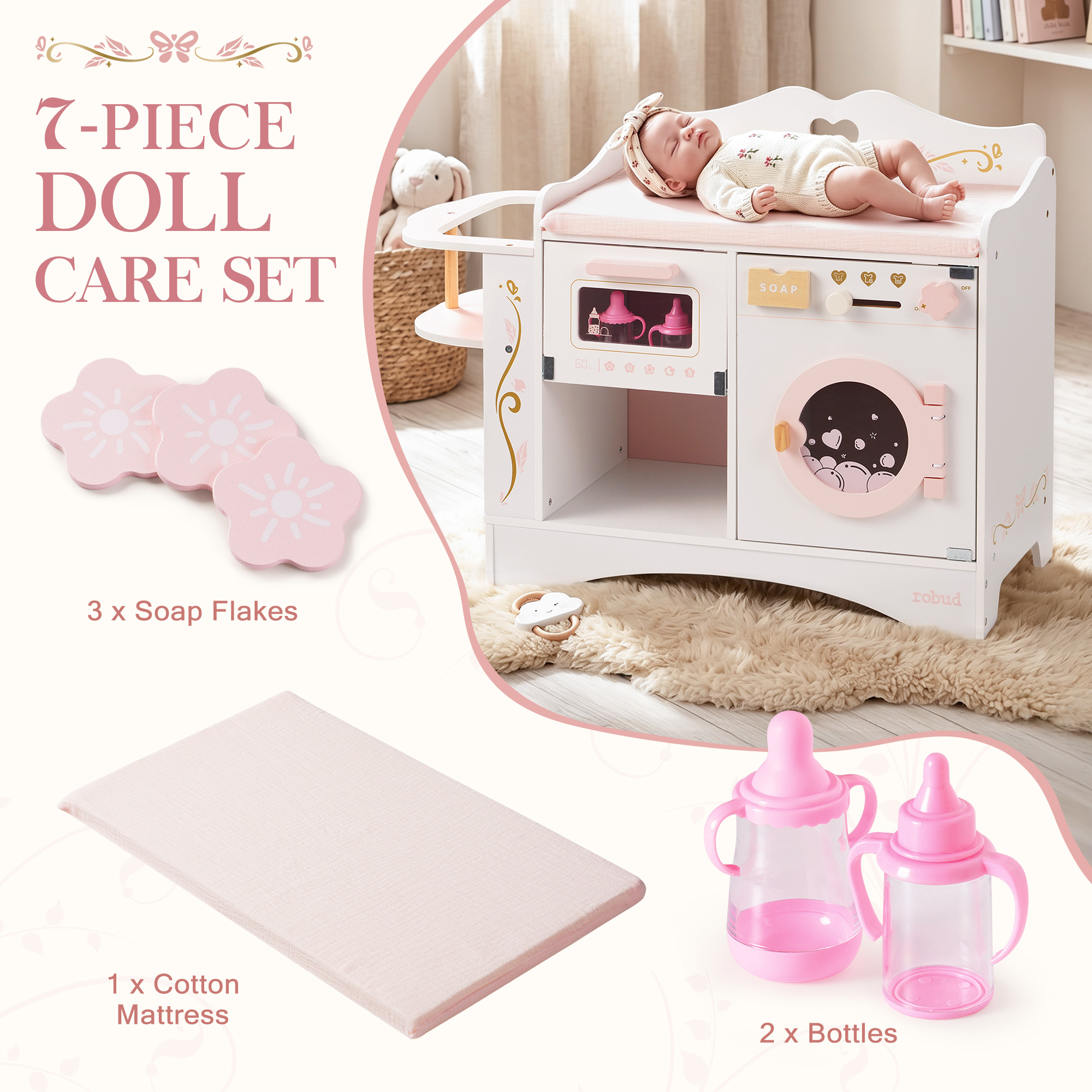 ROBUD 6-in-1 Baby Doll Changing Table - White & Pink