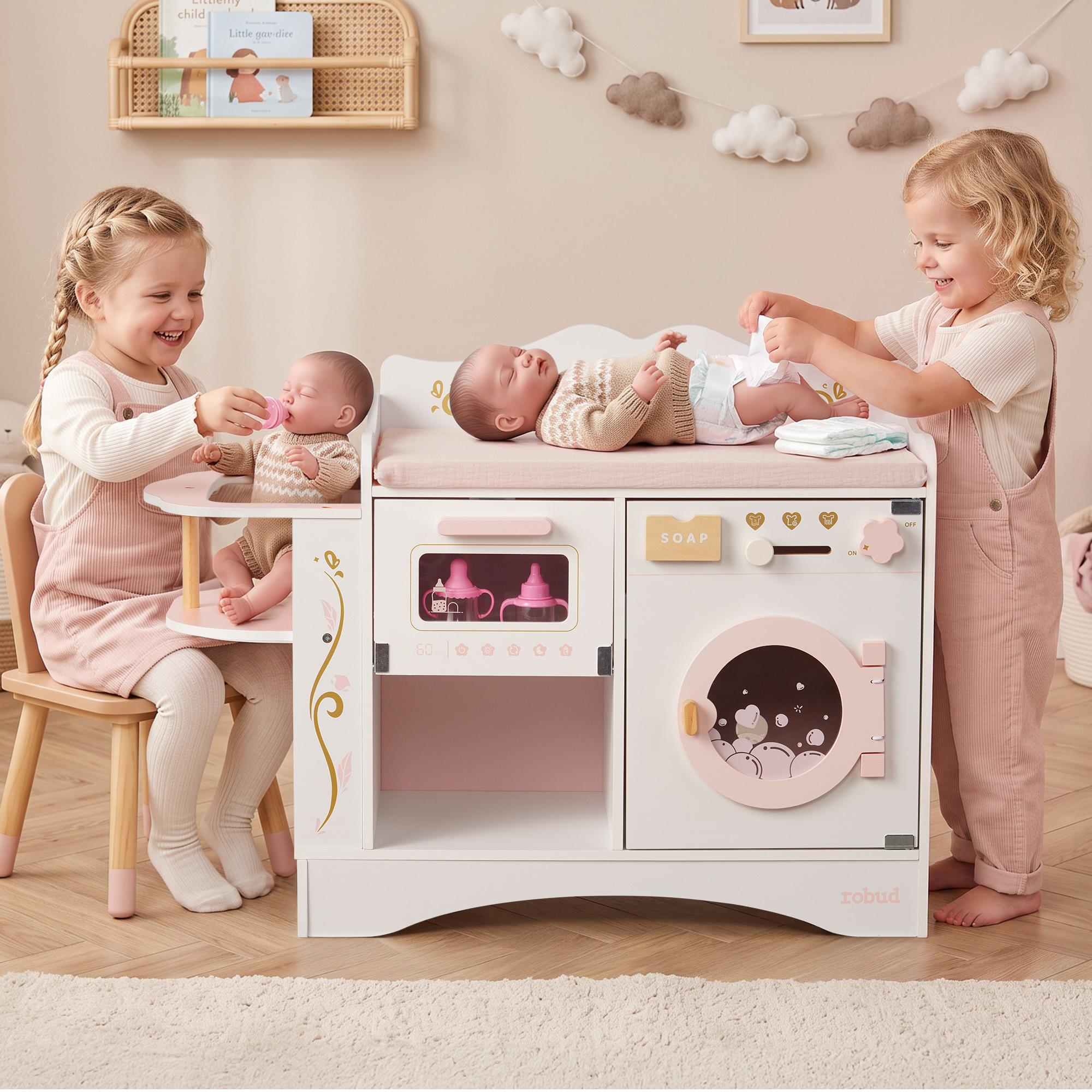 ROBUD 6-in-1 Baby Doll Changing Table - White & Pink