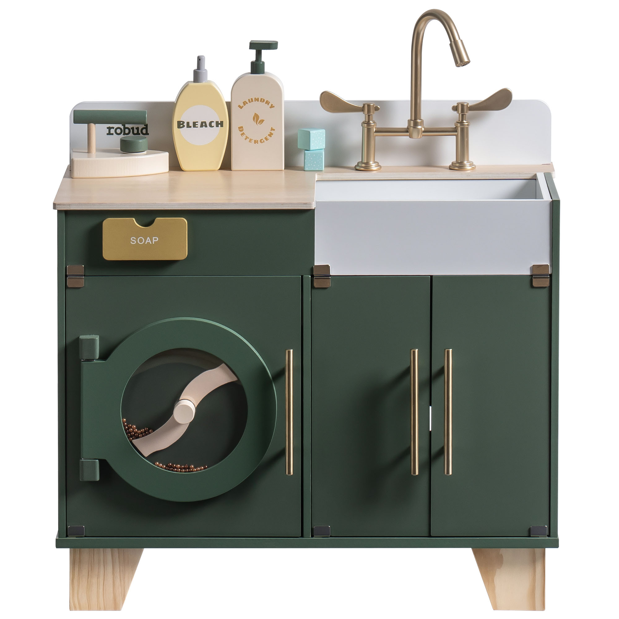 Robud Vintage Wooden Multi Function Washing Machine for Kids Kids Play Kitchen Toy Washer with Accessories