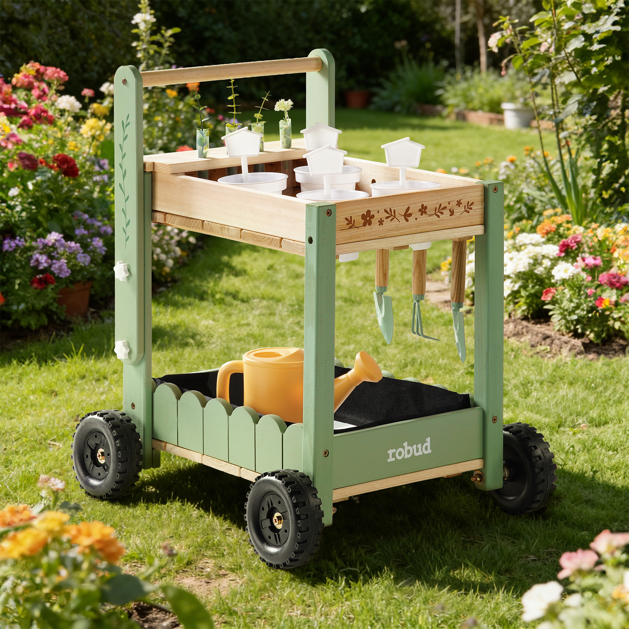 ROBUD Kids Gardening Set with Wooden Trolley