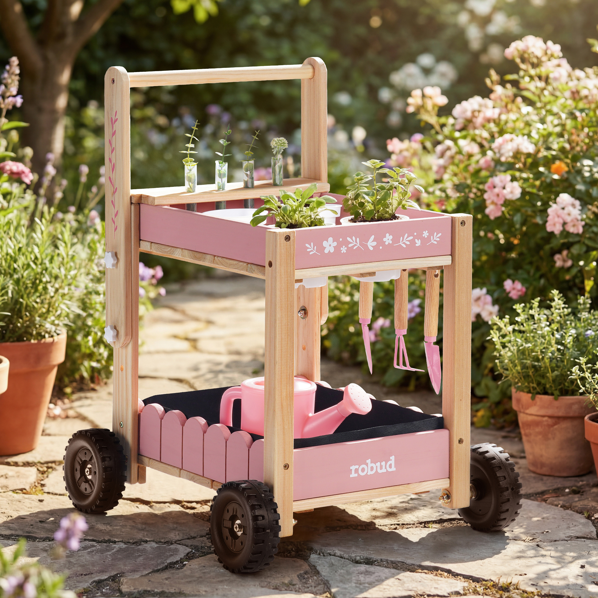 ROBUD Kids Gardening Set with Wooden Trolley