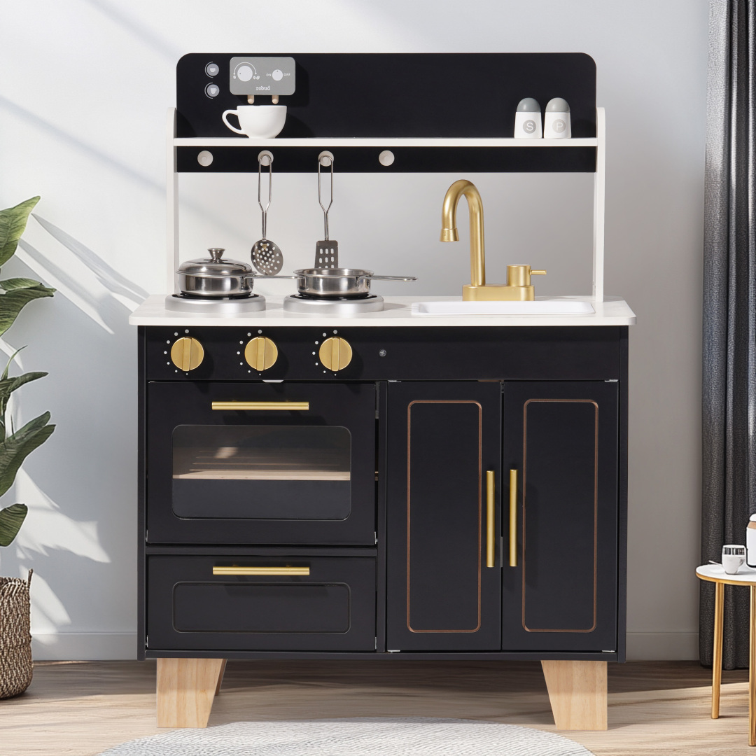 ROBUD Play Kitchen Set - Wooden Marble-Style Kitchen Playset with ...