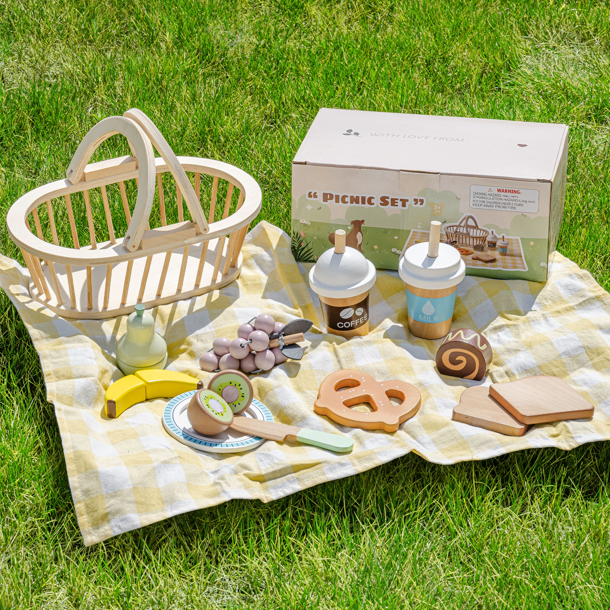 24 Pcs Wooden Play Food Picnic Set For Kids - Pretend Kitchen Toys With Shopping Bag, Ages 1-5