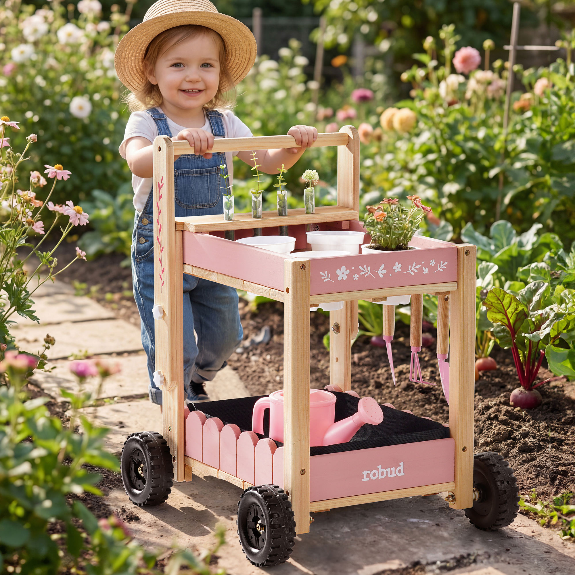 ROBUD Kids Gardening Set with Wooden Trolley