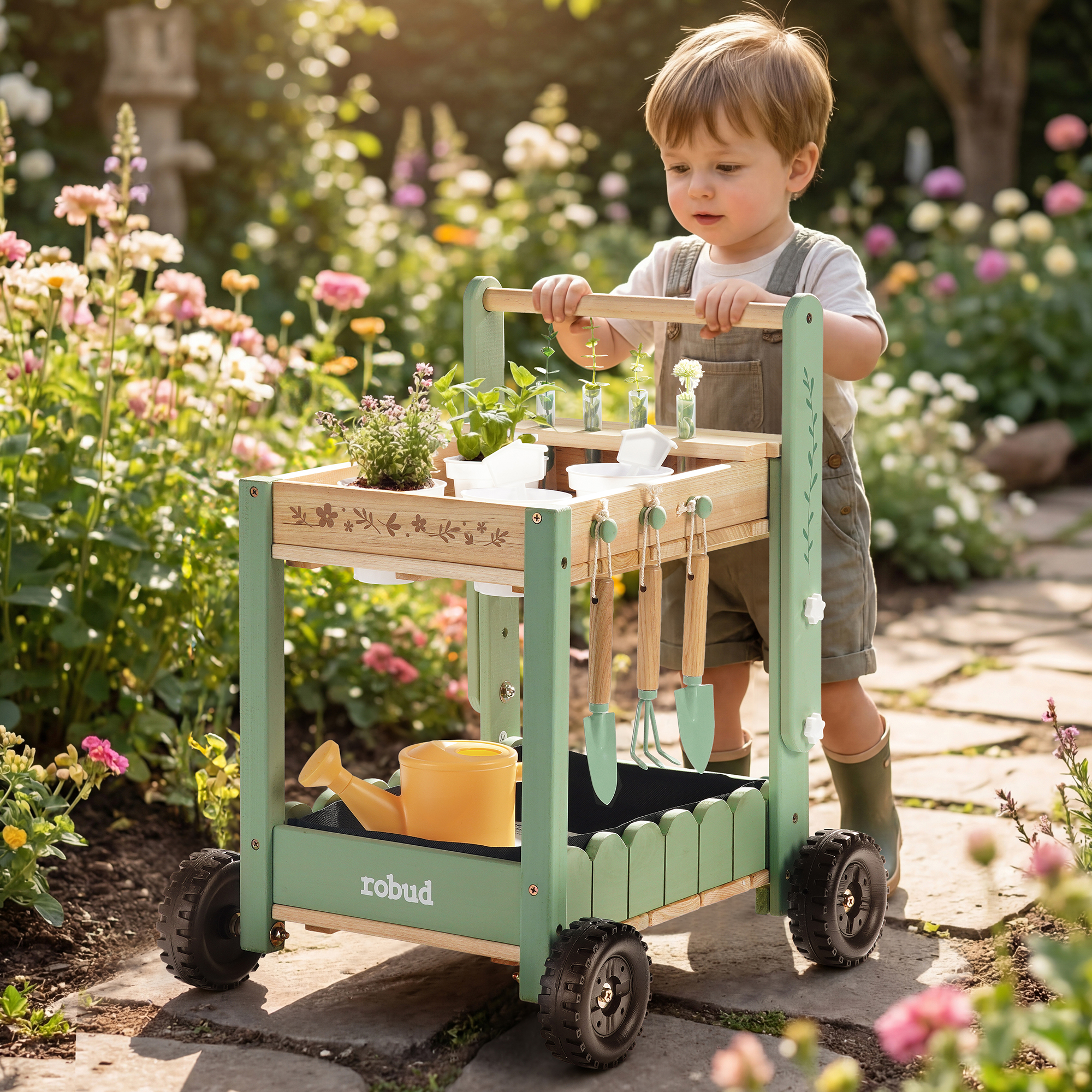 Wooden Kids Gardening Tools with Cart Wheelbarrow