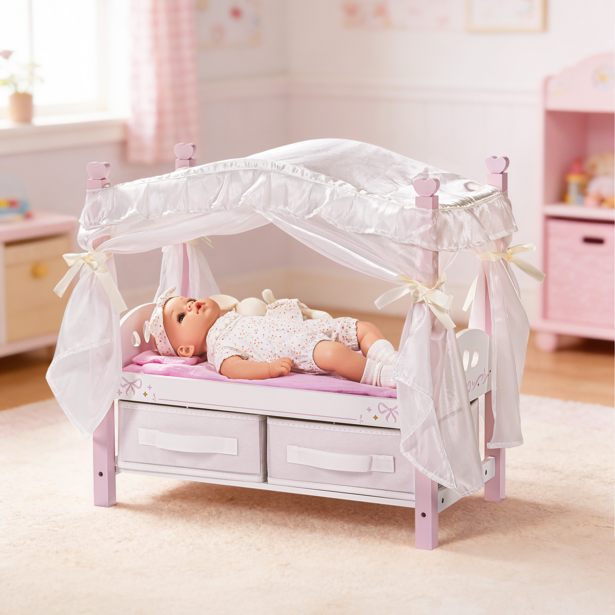ROBUD Wooden Doll Canopy Bed for 18 Inch Dolls