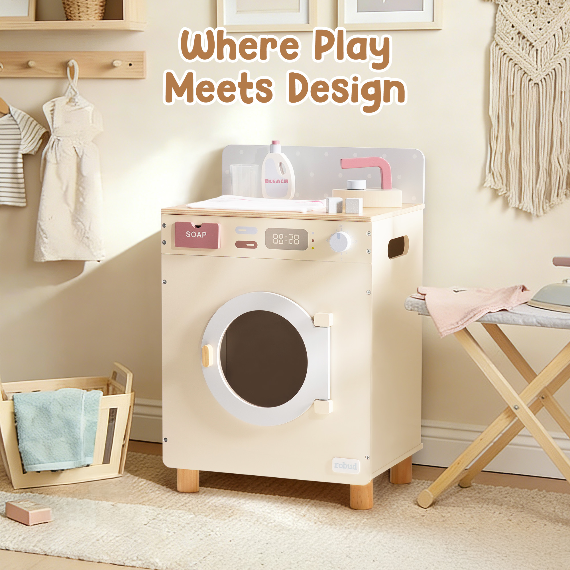 ROBUD Wooden Washing Machine Toy with Spinning Drum