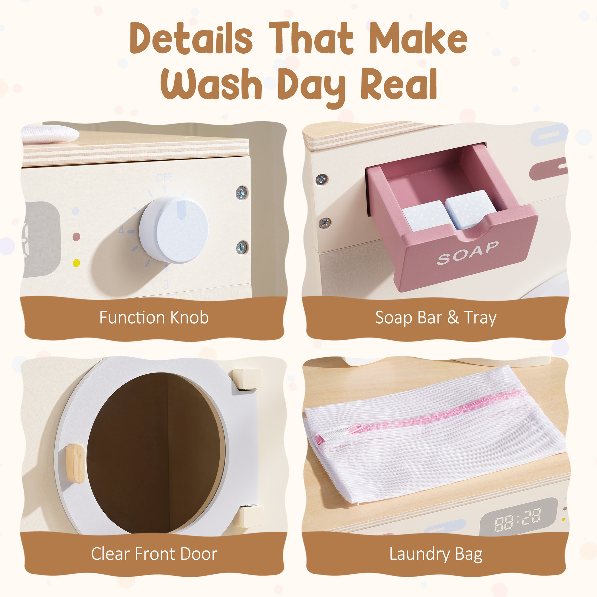 ROBUD Wooden Washing Machine Toy with Spinning Drum