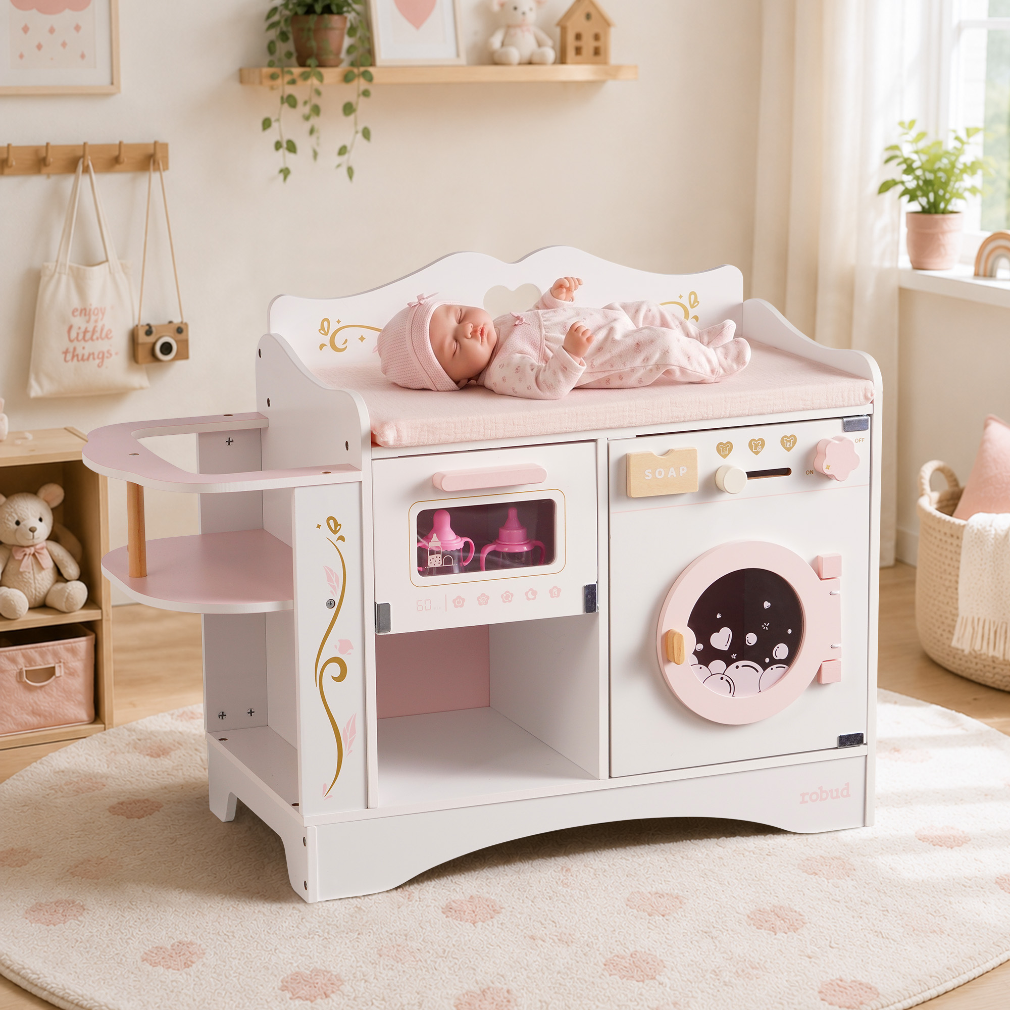ROBUD 6-in-1 Baby Doll Changing Table - White & Pink