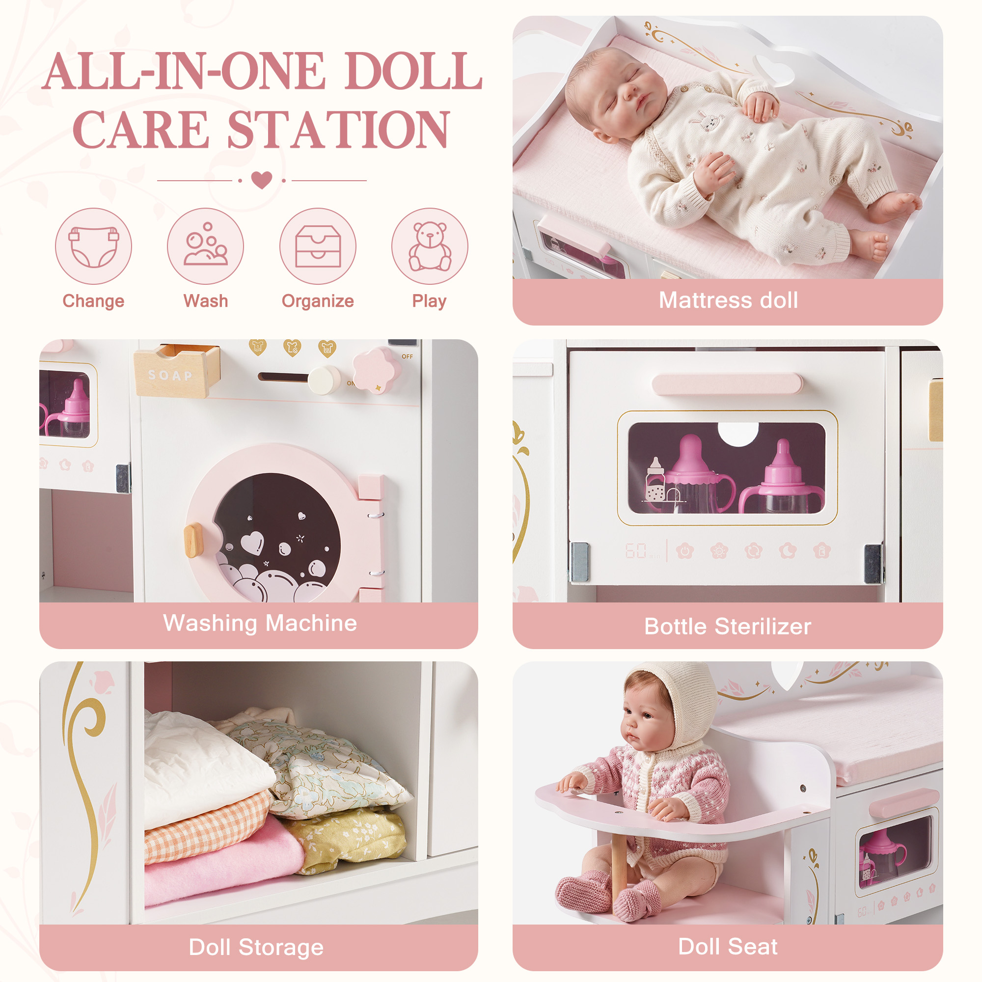 ROBUD 6-in-1 Baby Doll Changing Table - White & Pink