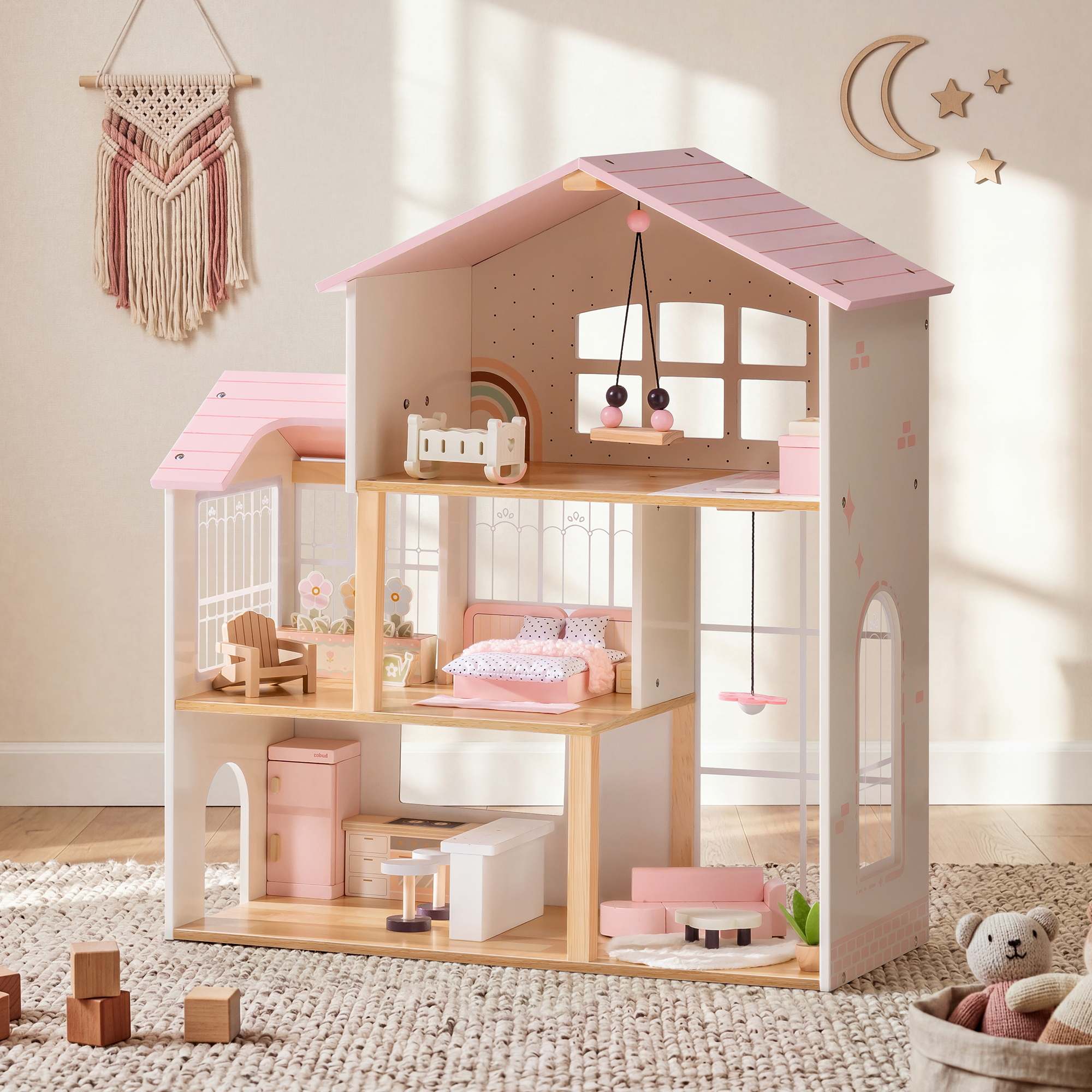 ROBUD Wooden Dolls House with 37 PCS Toy Furniture & Dolls Accessories