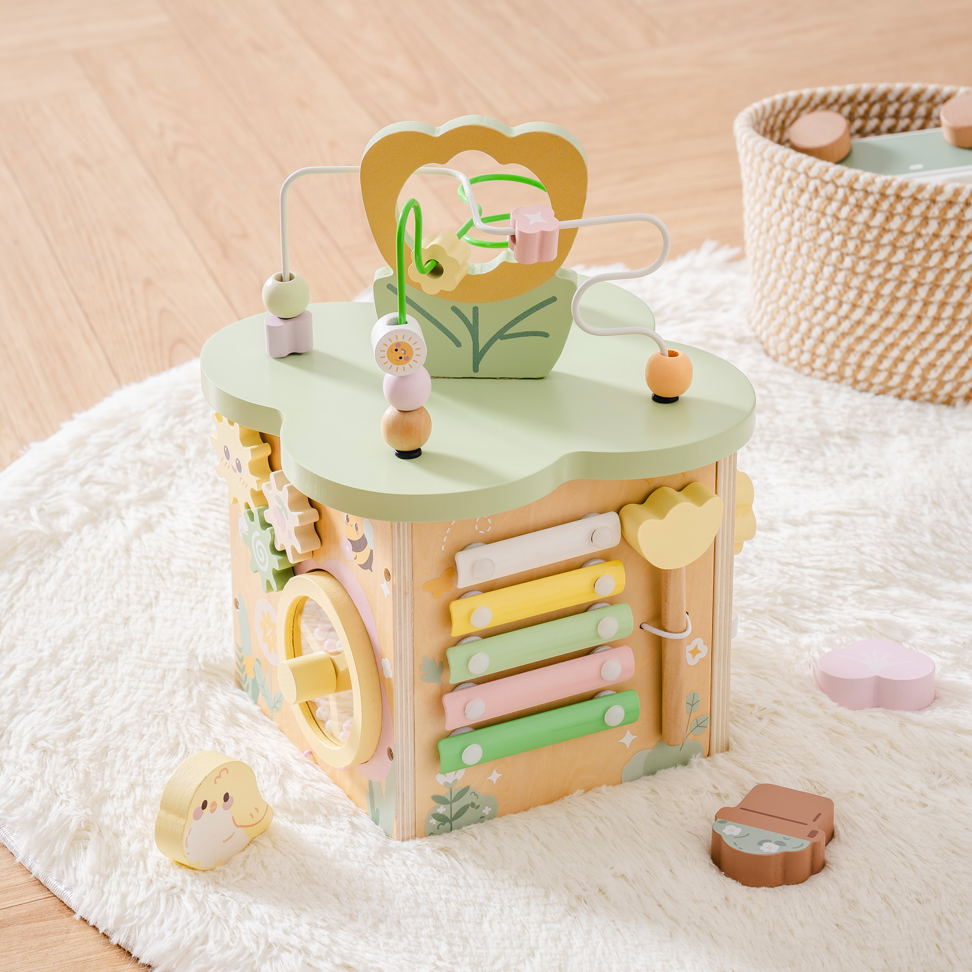ROBUD Wooden Activity Cube - Flower Bush Theme