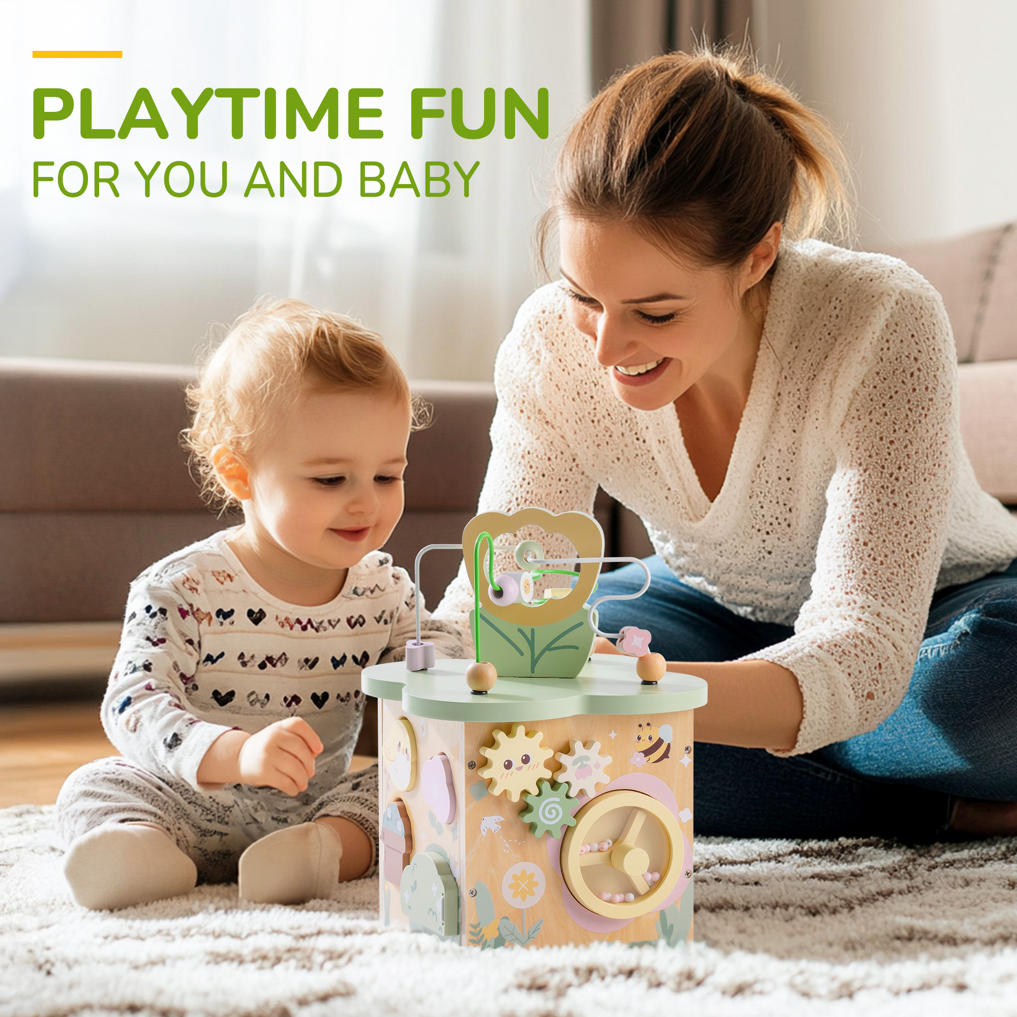 ROBUD Wooden Activity Cube - Flower Bush Theme