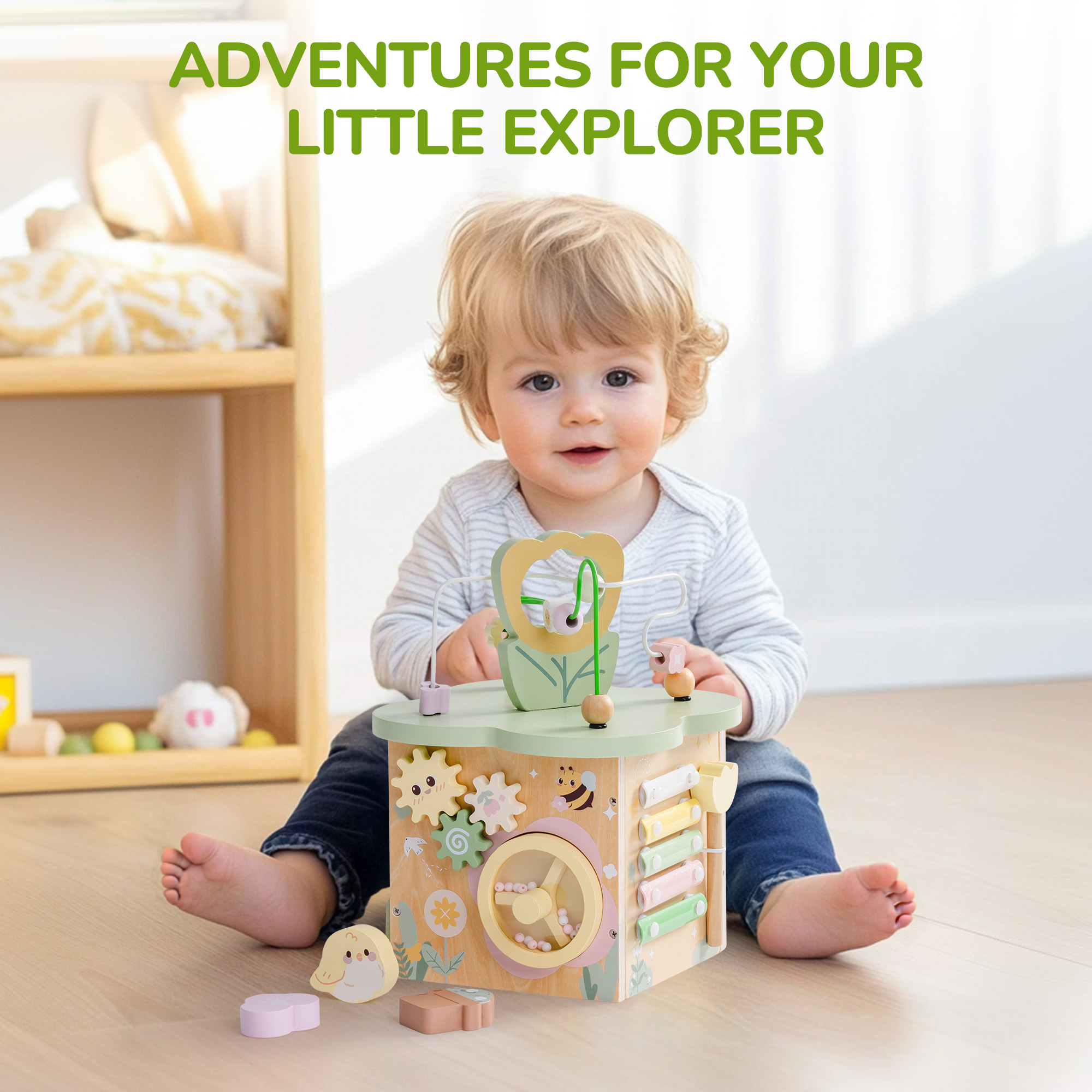 ROBUD Wooden Activity Cube - Flower Bush Theme