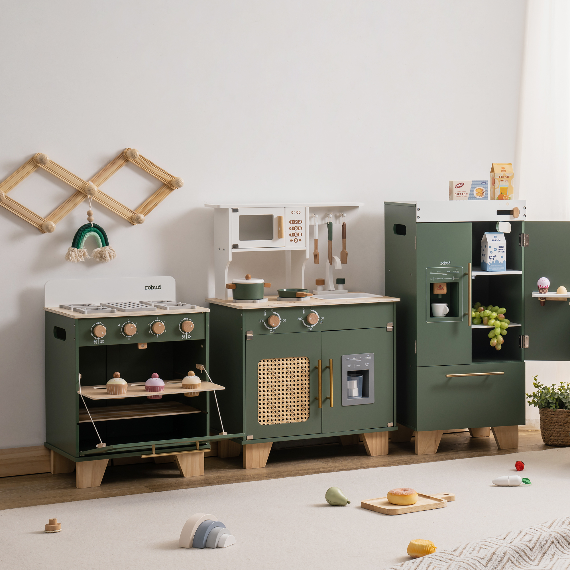 Wooden Kids Kitchen Playset Series - Vintage Green | Childrens Play Kitchen Toys Luxury Four Piece Set | ROBUD