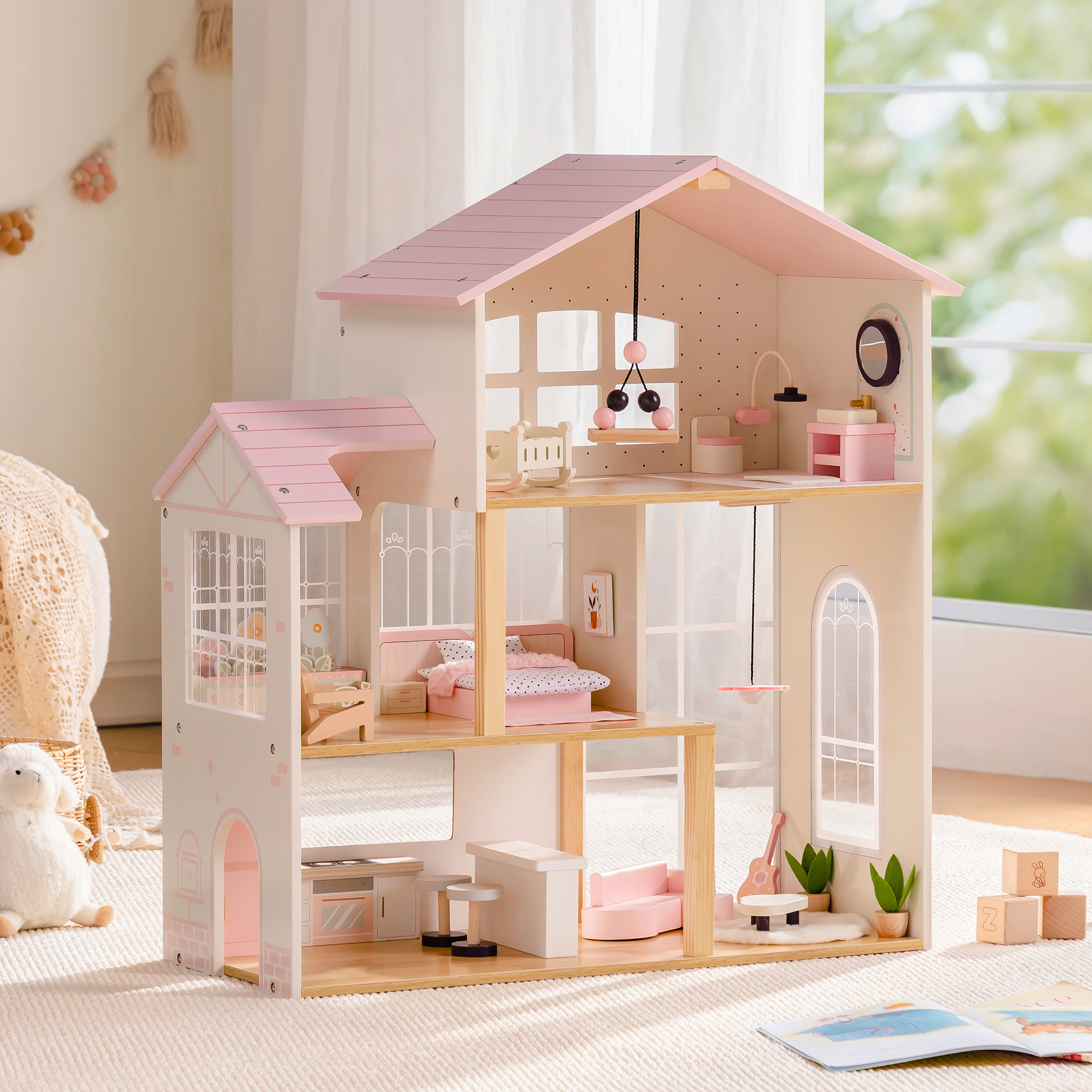 ROBUD Wooden Dolls House with 37 PCS Toy Furniture & Dolls Accessories