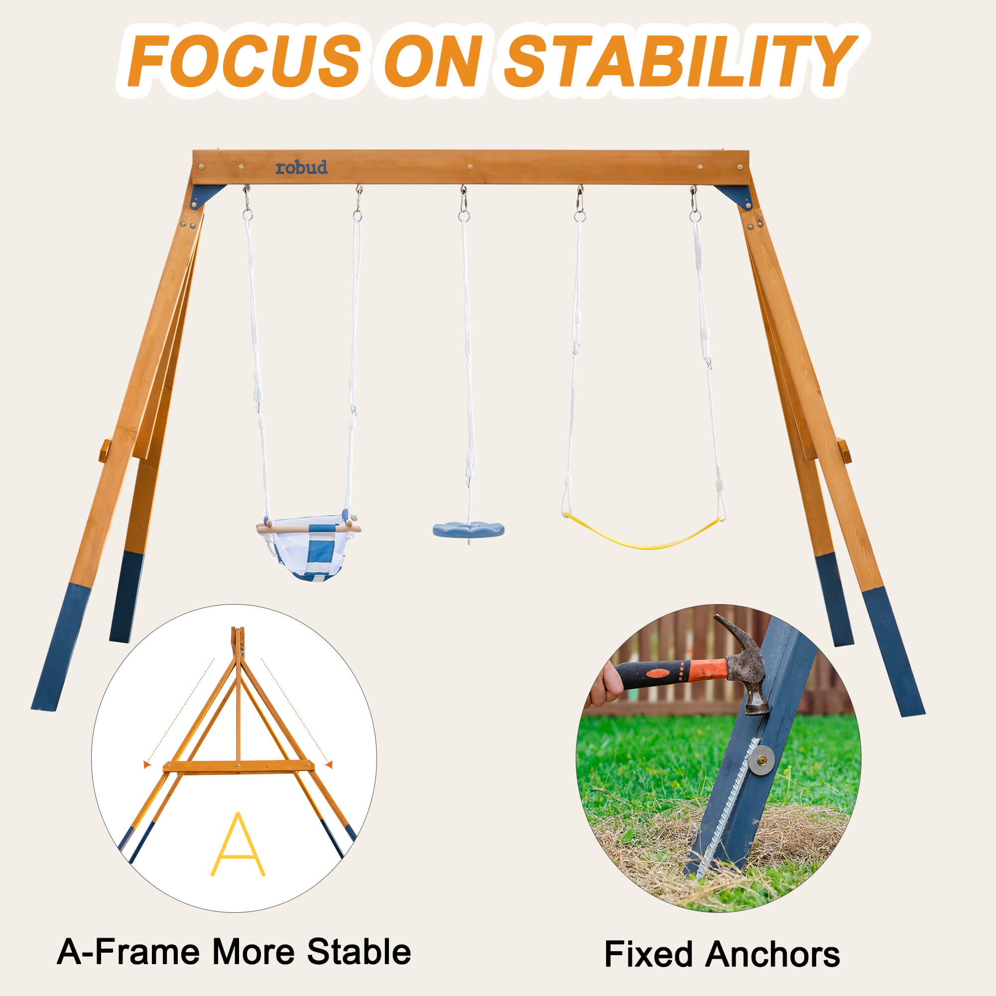 ROBUD Wooden Swing Set with Swings for Kids