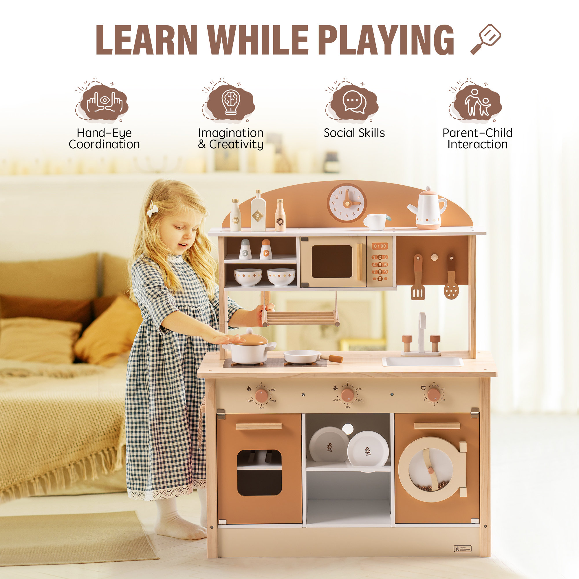 ROBUD Wooden Play Kitchen with Realistic Accessories-Caramel