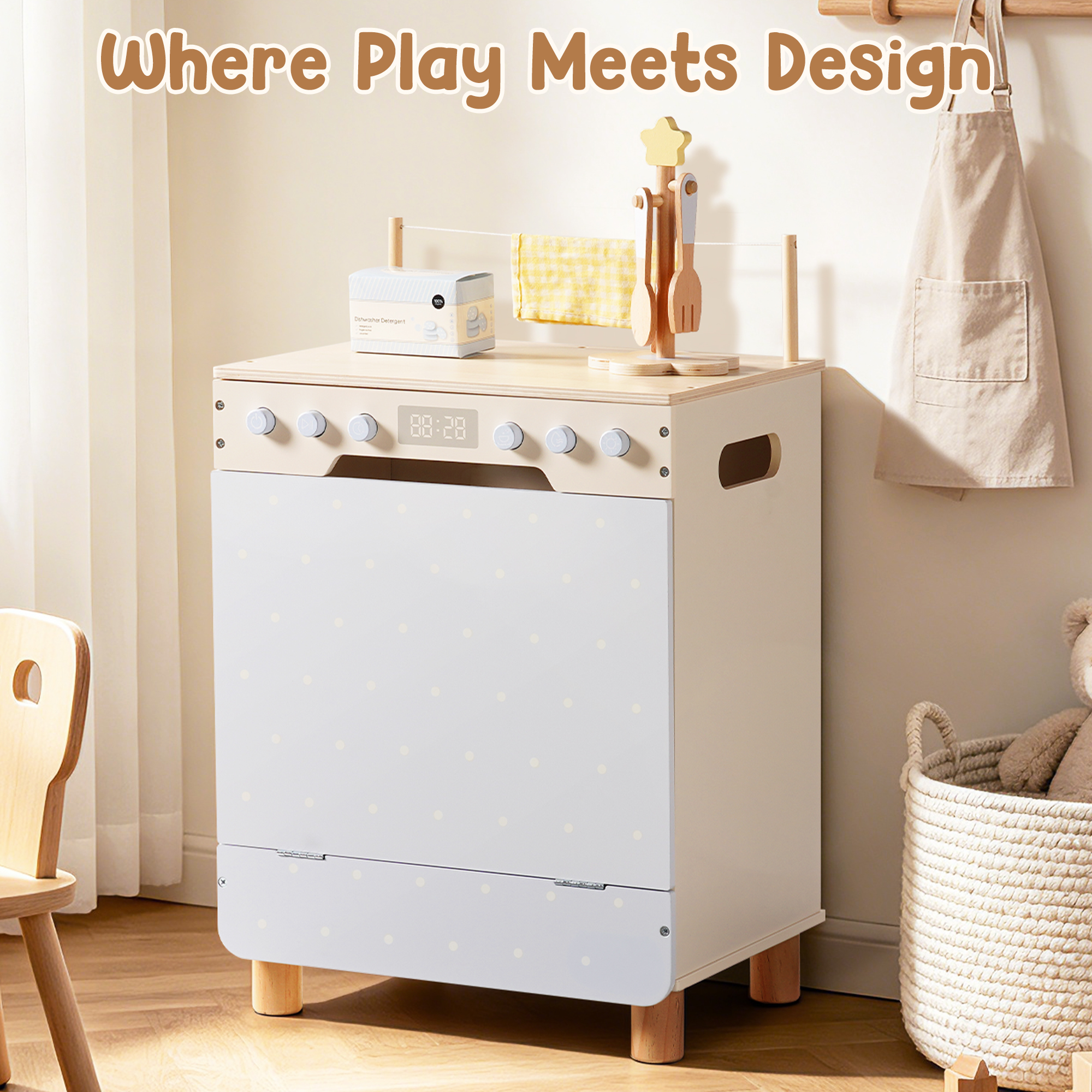 ROBUD Toy Wooden Dishwasher Playset