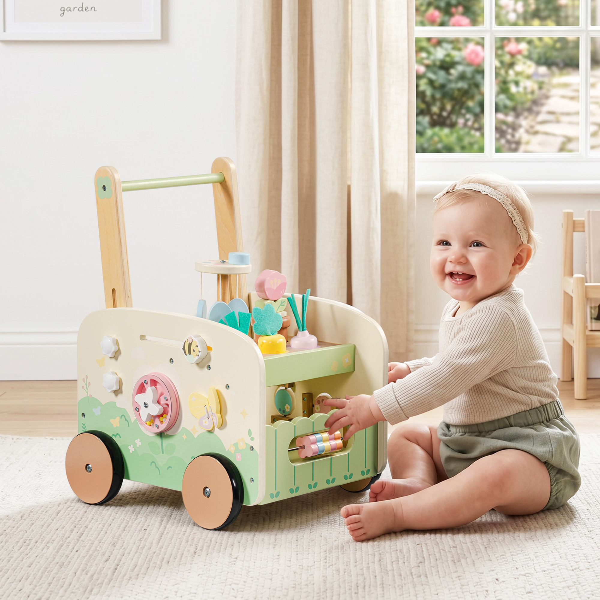 ROBUD Wooden Baby Walker with Garden Activity Center