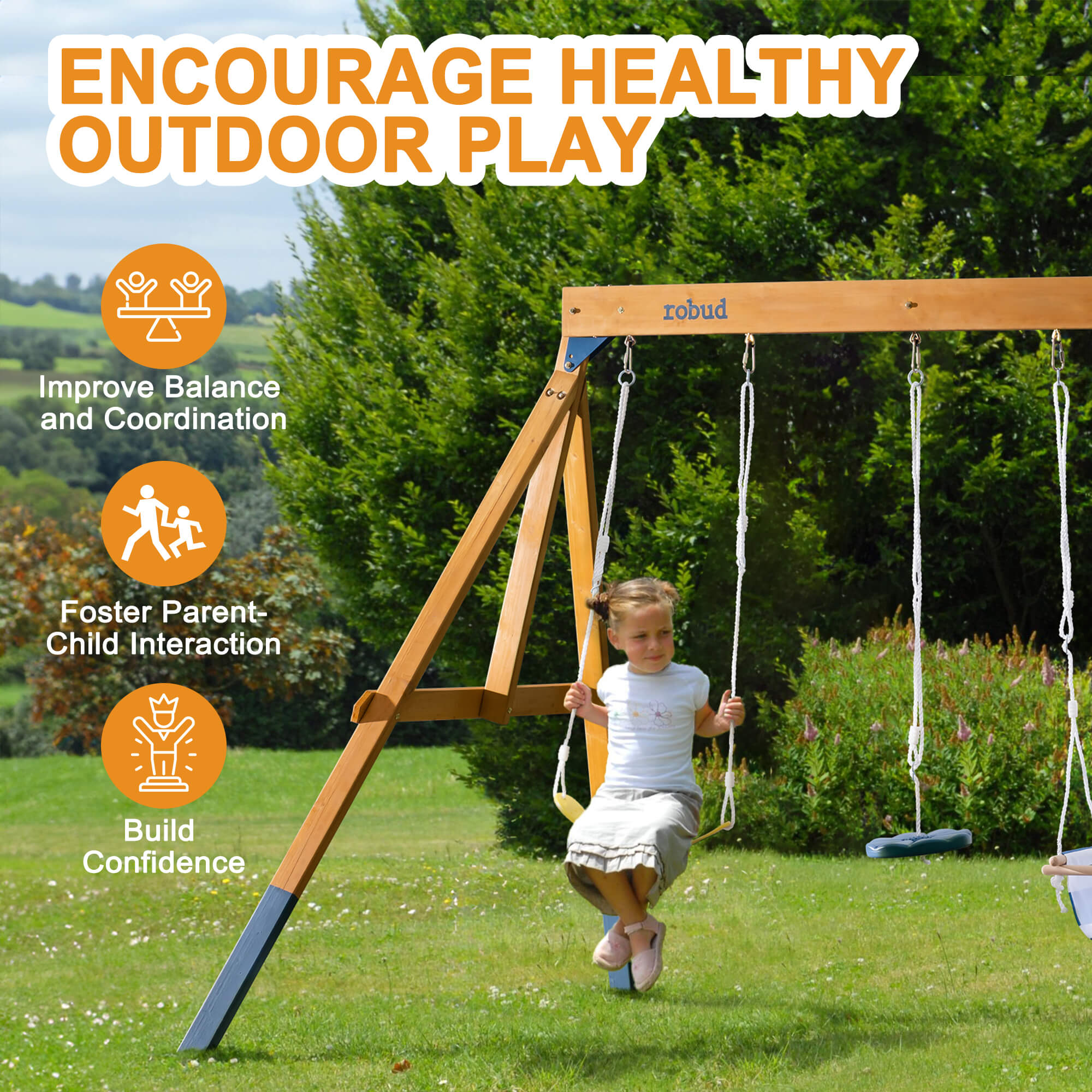 ROBUD Wooden Outdoor Swing Set with Swings for Kids | 3-in-1